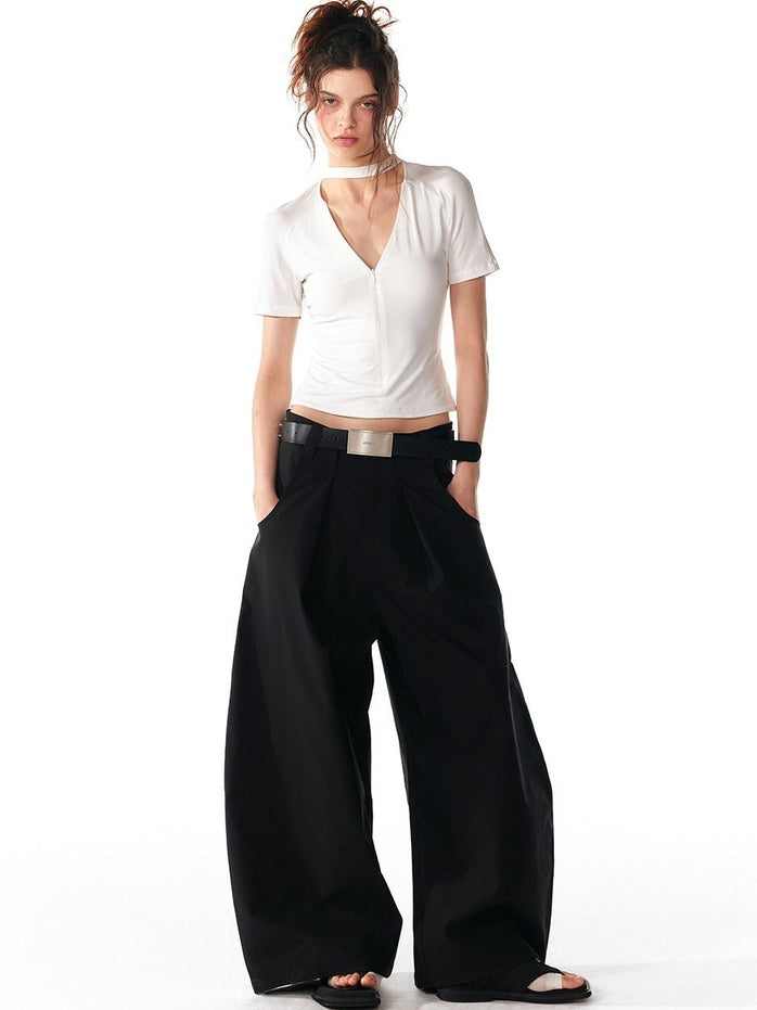 ALINNVSTUDIO Moisture Modal Stretch Asymmetric V-neck Slim Cross Basic Crop Tops