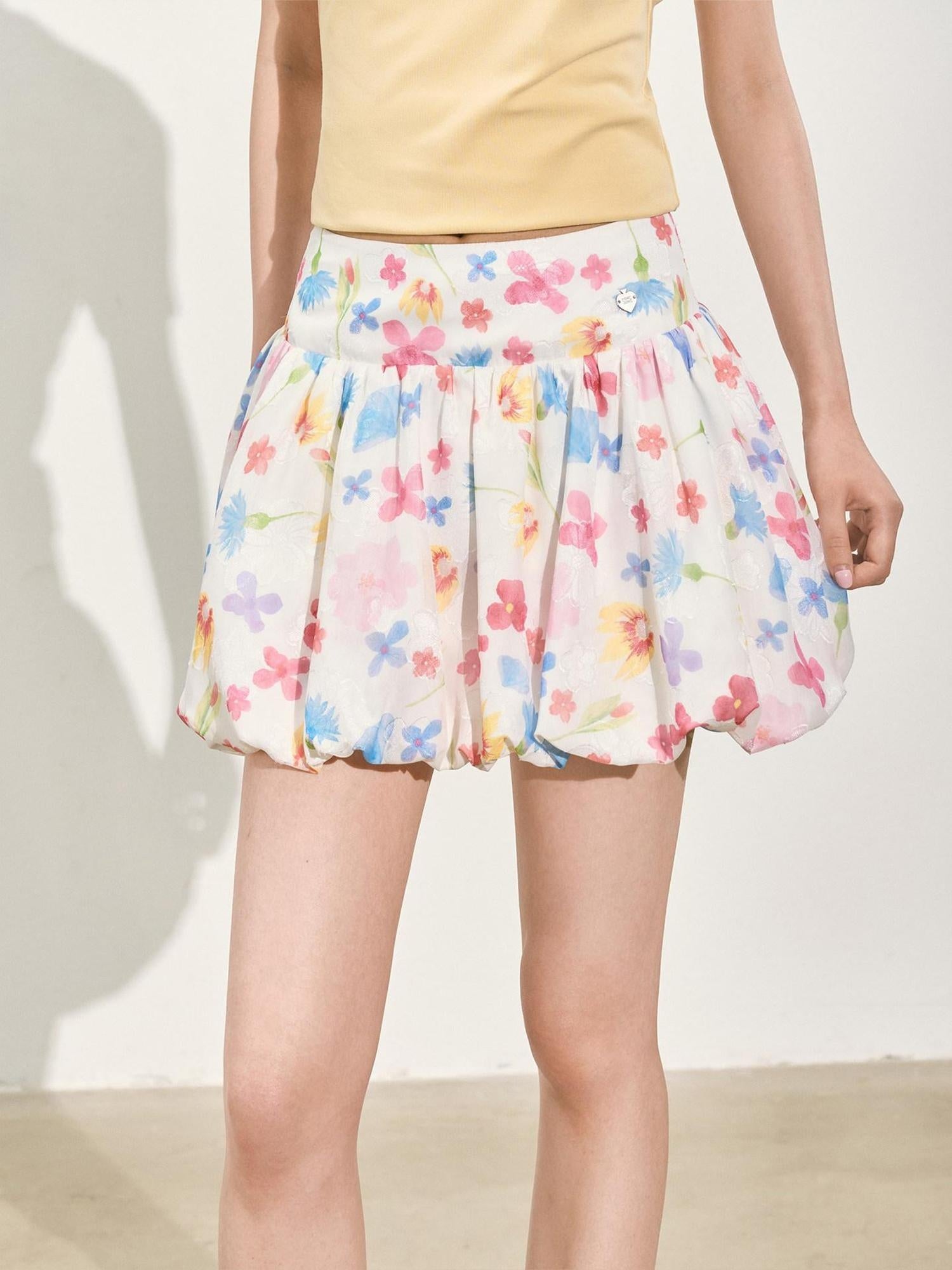 SOMESOWE Pleated A Line Mid Waist Loose Fit Casual Floral Pink Polyester Mini Skirts