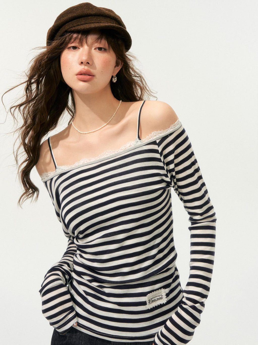 SOMESOWE Lyocell Blend Oversized Commuter Creative Navy Striped Women Long Sleeve T-Shirts