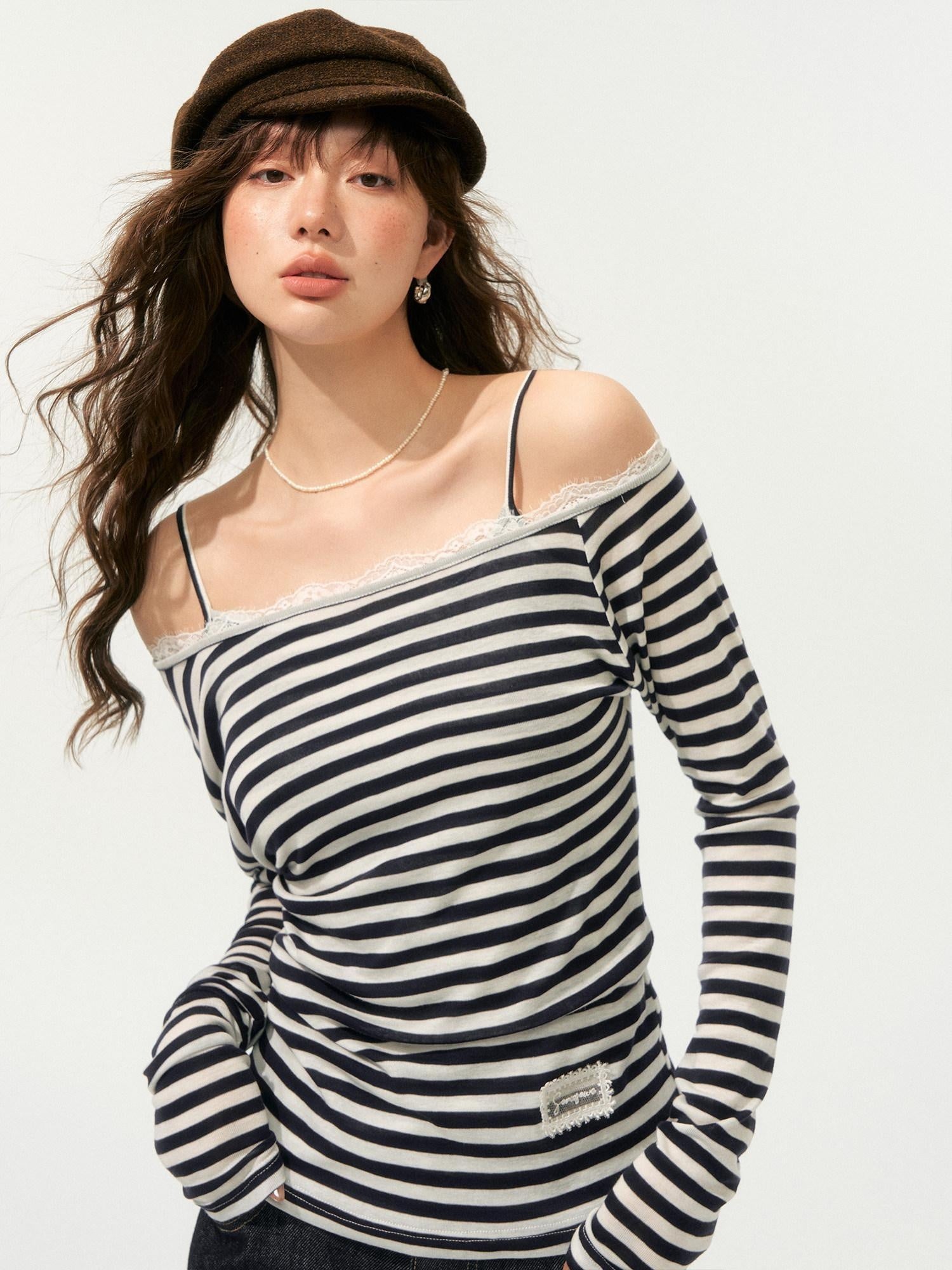 SOMESOWE Lyocell Blend Oversized Commuter Creative Navy Striped Women Long Sleeve T-Shirts