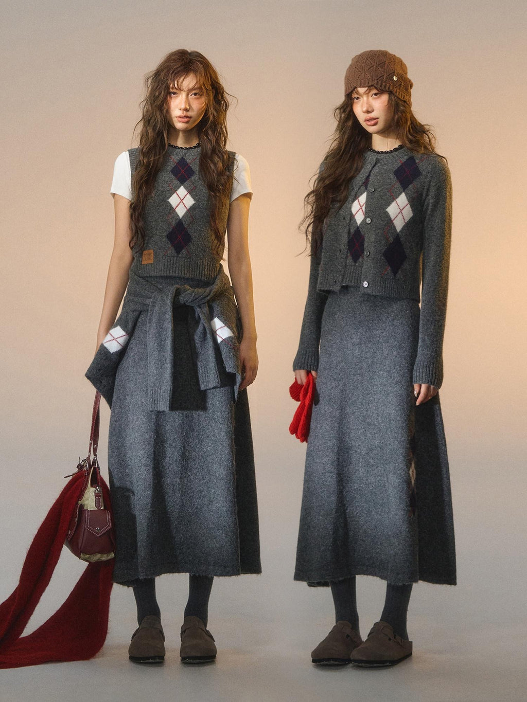 SOMESOWE Embroidered Plaid Slim Fit Long Sleeve Crew Neck Women Casual Top & Skirt Sets