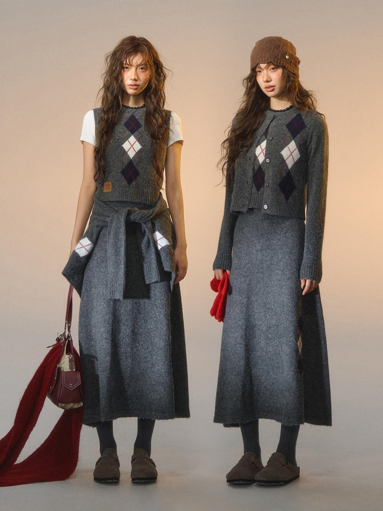SOMESOWE Embroidered Plaid Slim Fit Long Sleeve Crew Neck Women Casual Top & Skirt Sets