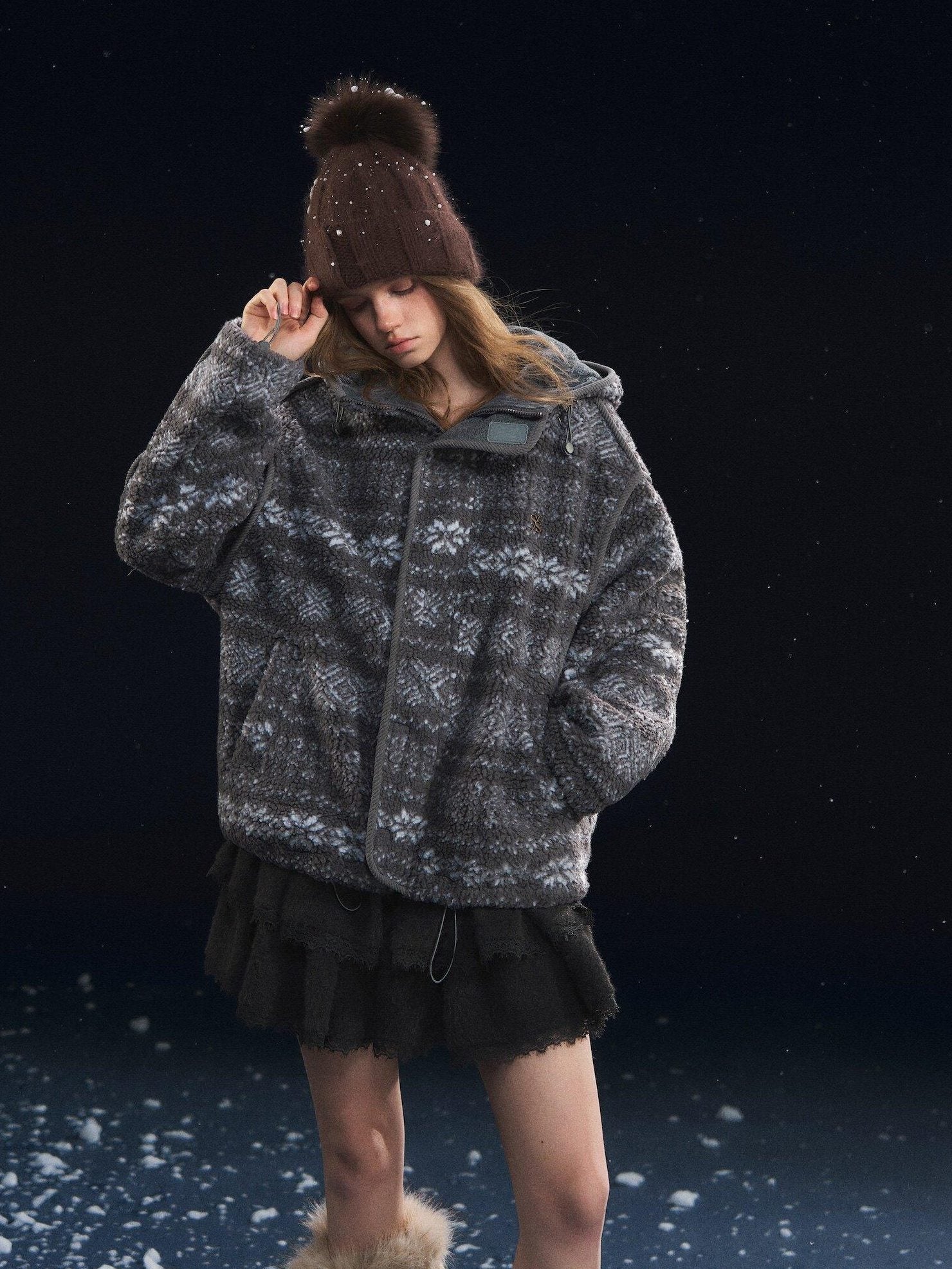 SOMESOWE Cozy Fleece Oversized Hooded Women Outdoor Zip Geometric Gray Jackets
