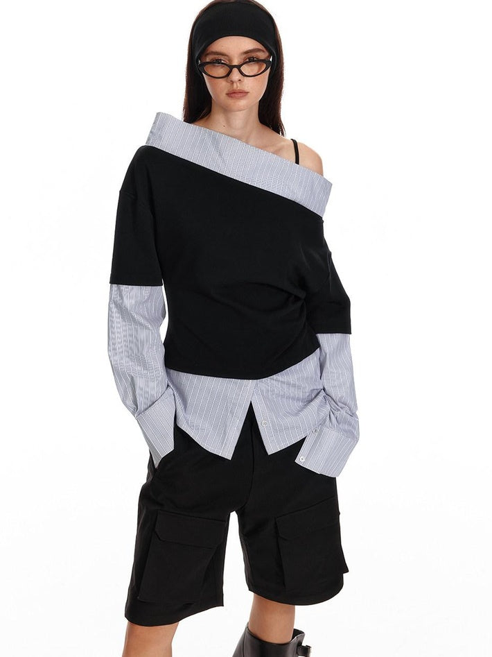 ALINNVSTUDIO Original Loose Slant Collar Cotton Stretch Pullover Women Long Sleeve T-Shirts