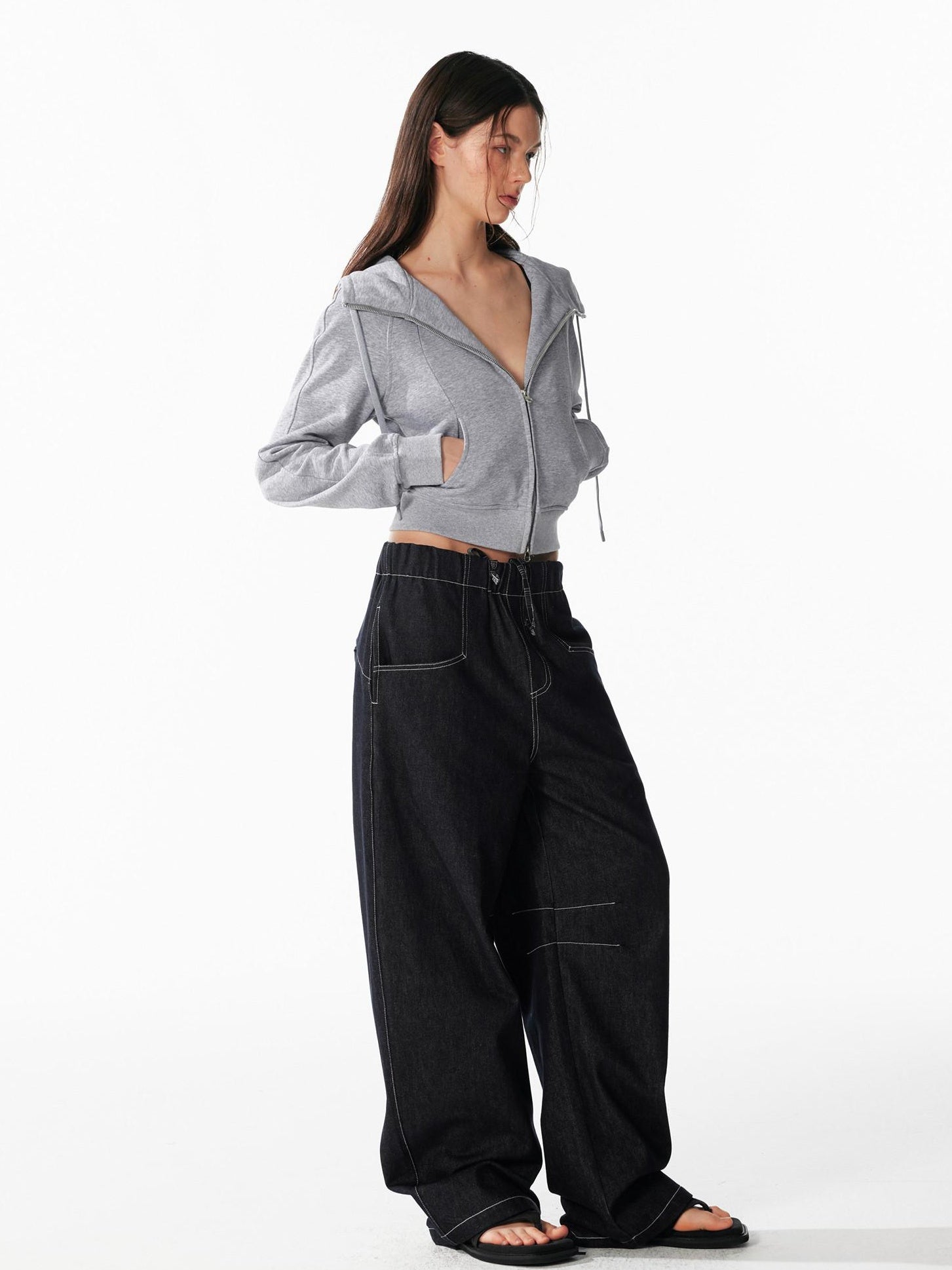 ALINNVSTUDIO Relaxed Fit Cotton Natural Waist Topstitch Deep Indigo Women Wide Leg Jeans