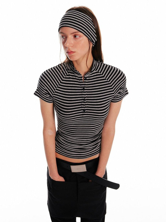 ALINNVSTUDIO Creative Patchwork Slim Fit Cropped Crewneck Striped Gray Short Sleeve T-Shirts
