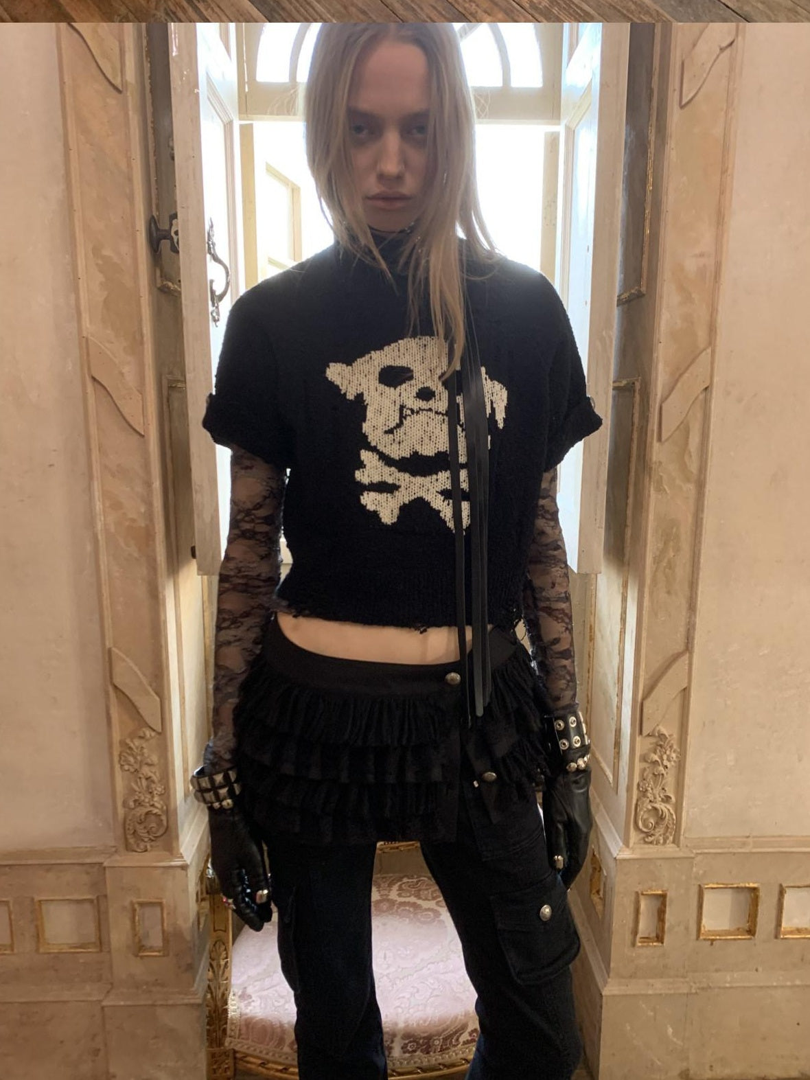 1JINN STUDIO Skull Graphic Punk Fitted Crew Neck Women Cotton Short Sleeve Basic Crop Tops