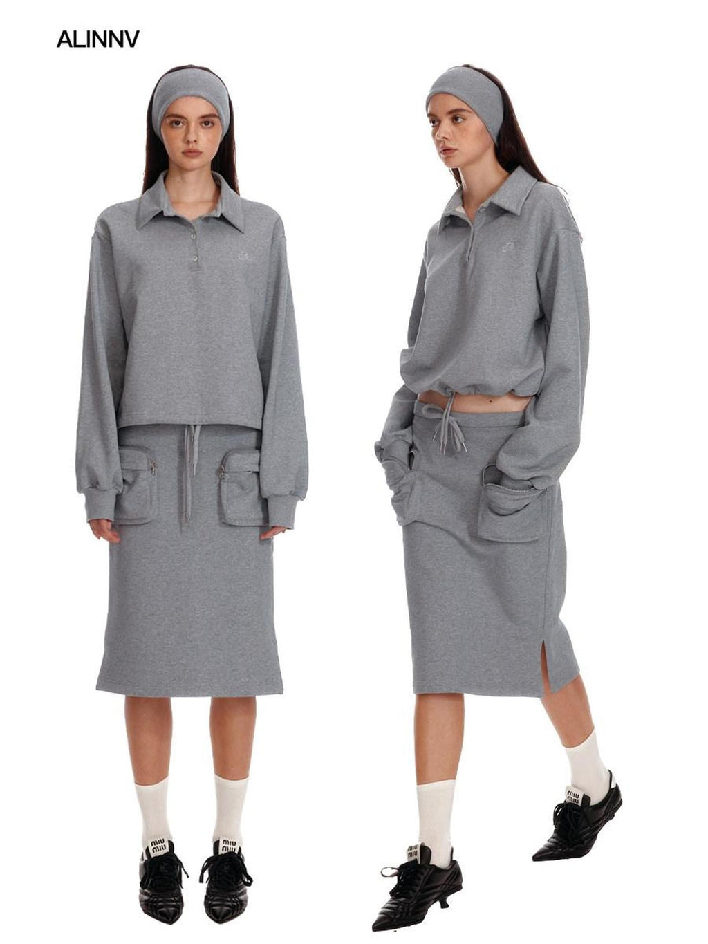 ALINNVSTUDIO Cropped Loose Fit Polo Collar Long Sleeve Commuter Solid Color Sweatshirt