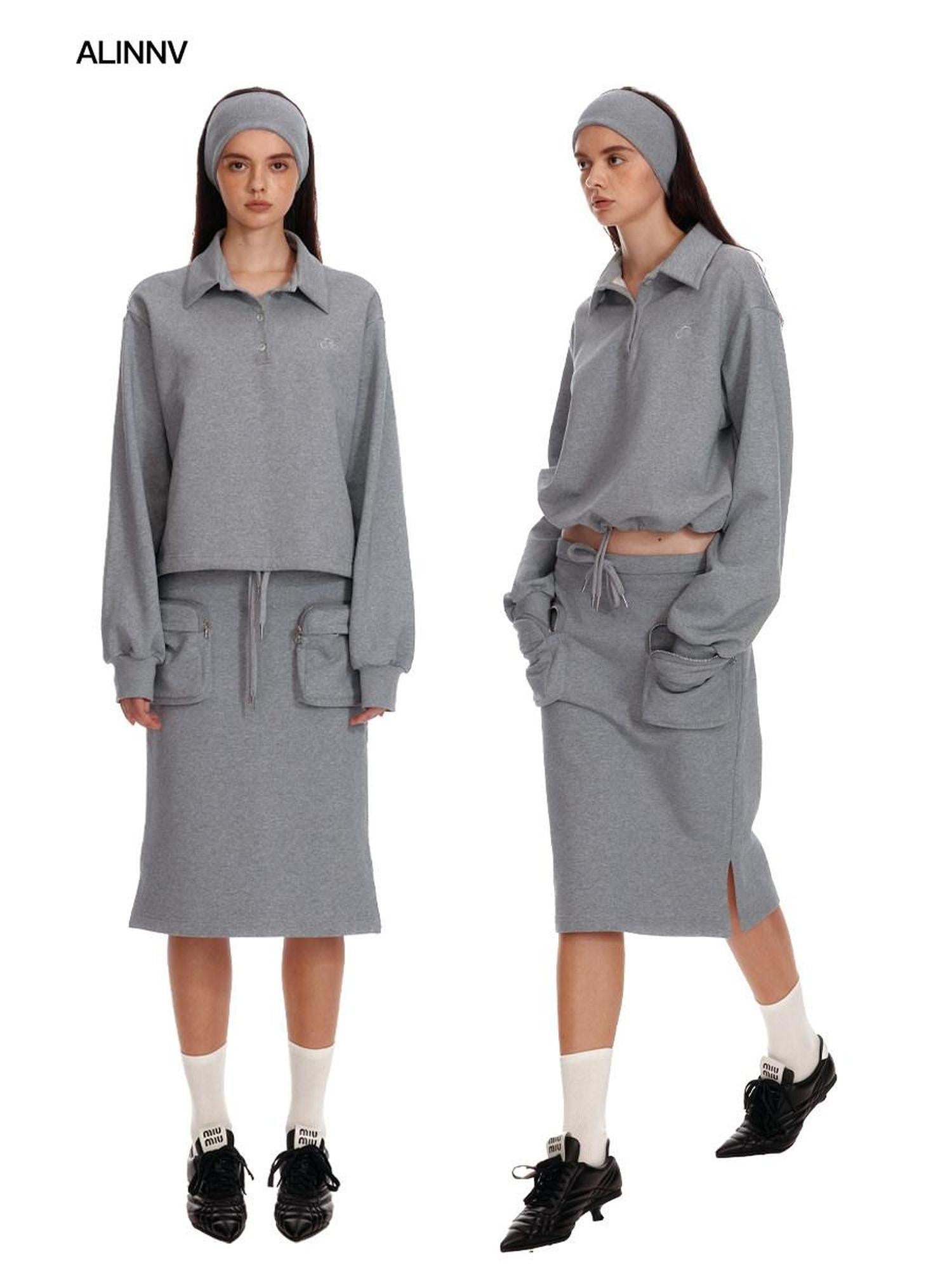 ALINNVSTUDIO Cropped Loose Fit Polo Collar Long Sleeve Commuter Solid Color Sweatshirt