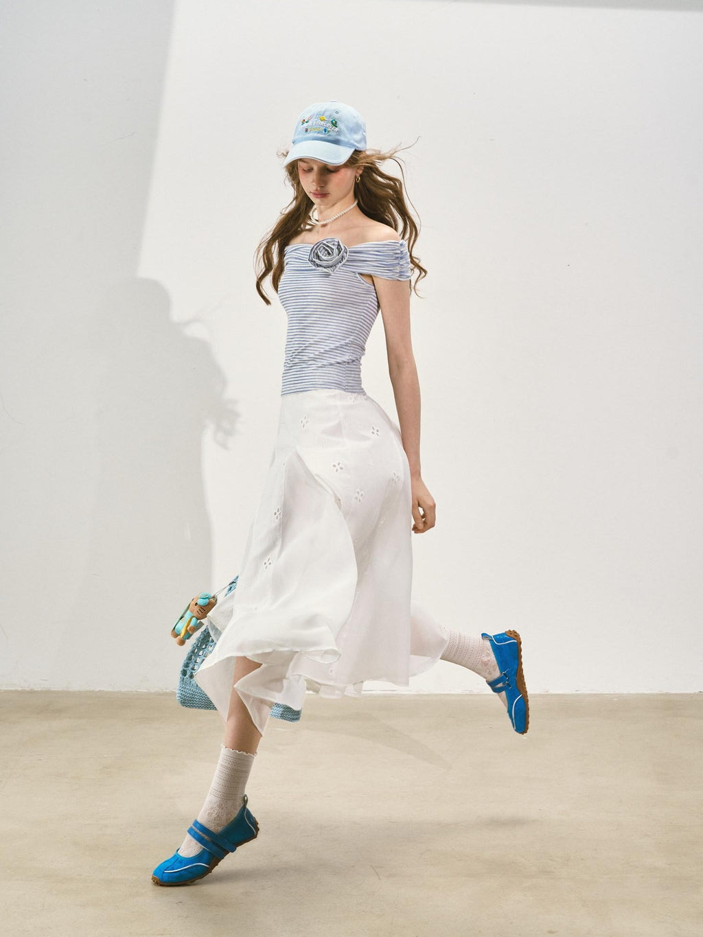 SOMESOWE Stretch Cotton Slim Cropped Bardot Blue White Striped Short Sleeve T-Shirts