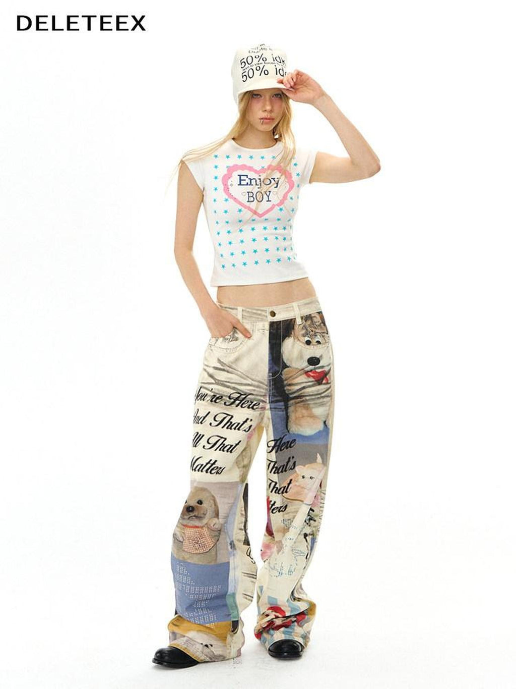 DeleteEx Cute Printed Slim Fit Round Neck Flutter Sleeve Cropped Ivory Basic Crop Tops
