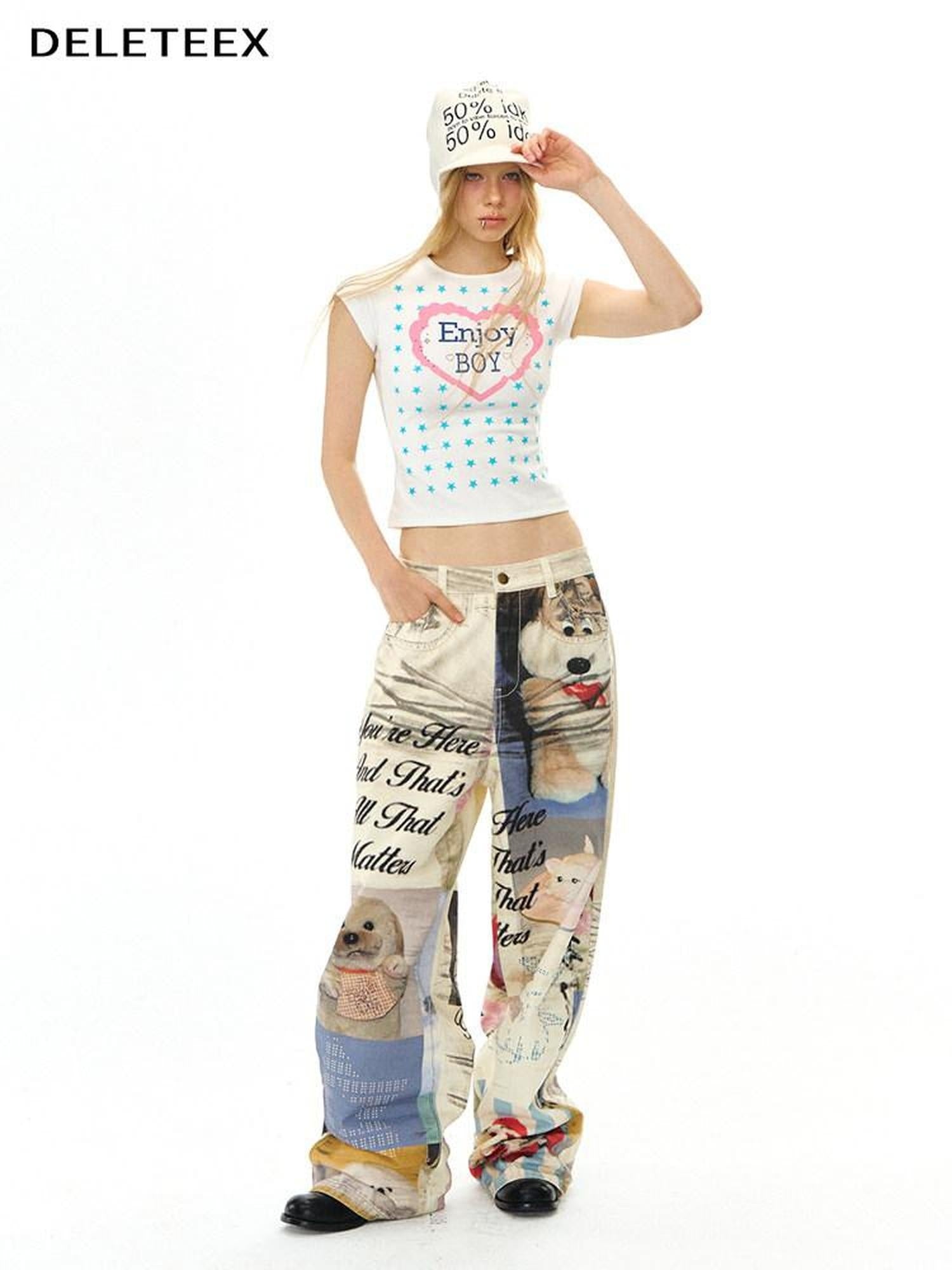 DeleteEx Cute Printed Slim Fit Round Neck Flutter Sleeve Cropped Ivory Basic Crop Tops