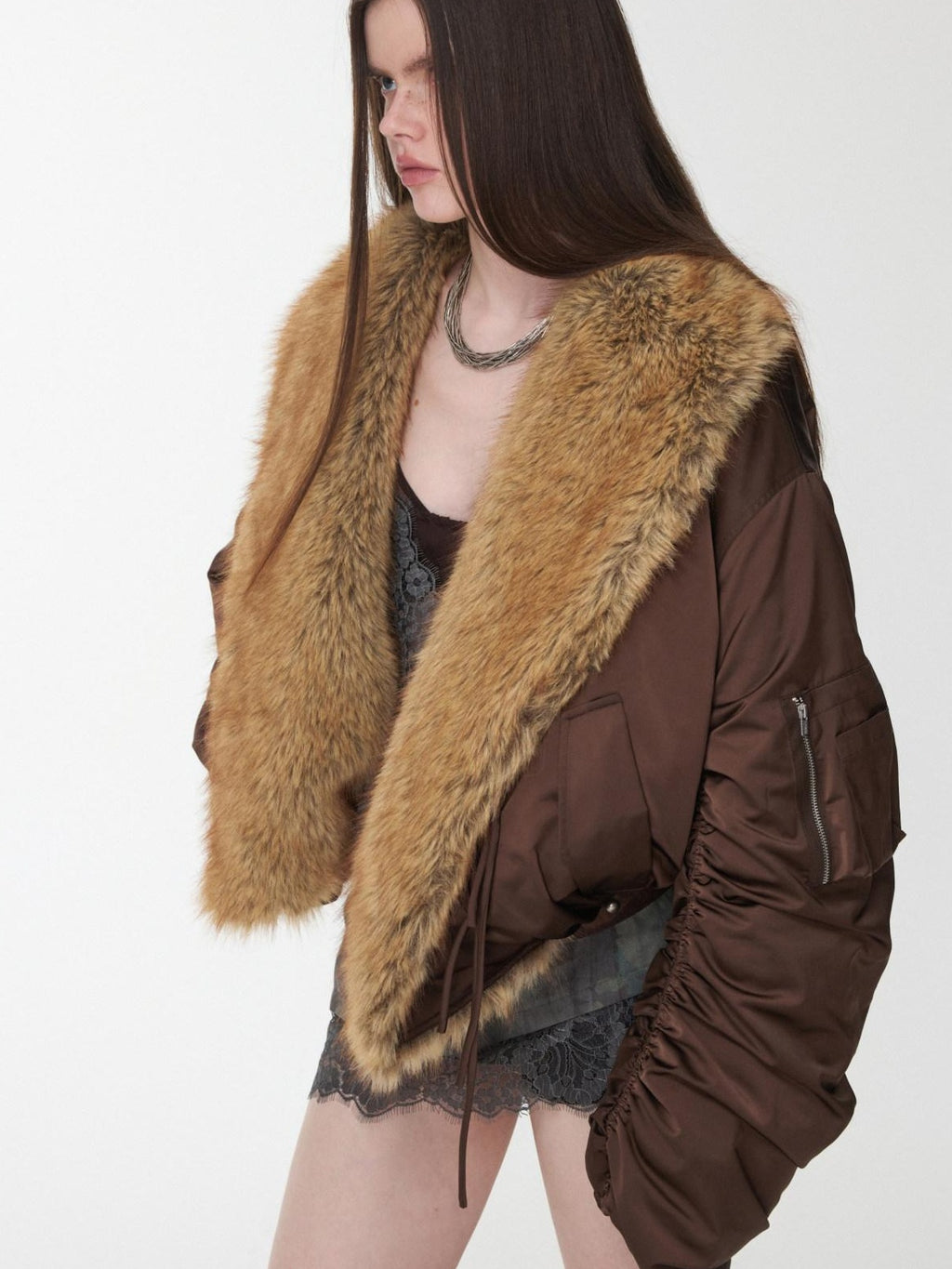 1JINN STUDIO Versatile Brown Utility Turn Down Collar Women Casual Outerwear Bomber Jackets