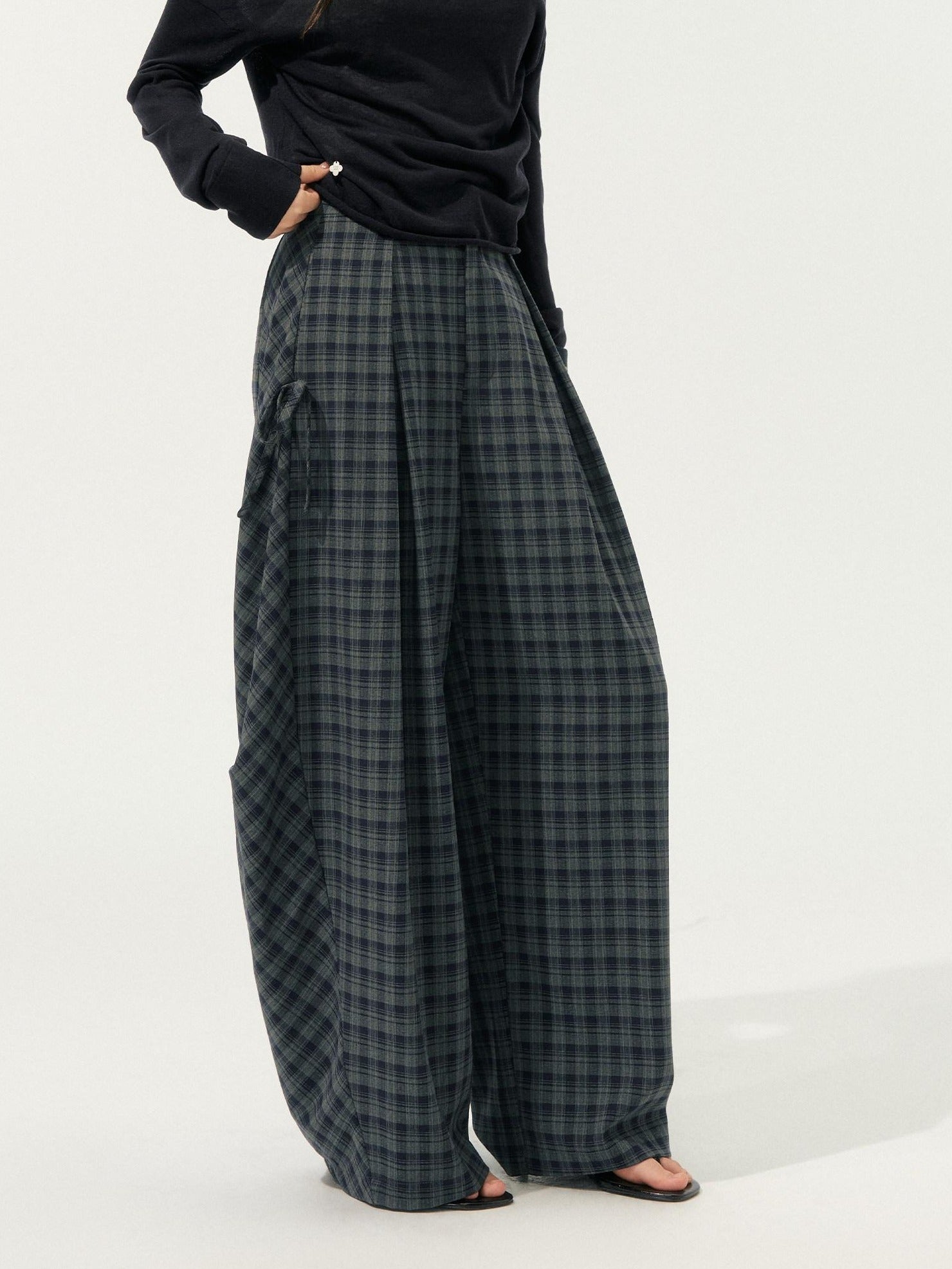 SOMESOWE Plaid Pocket Loose Fit Natural Waist Button Grey Casual Women Wide Leg Pants