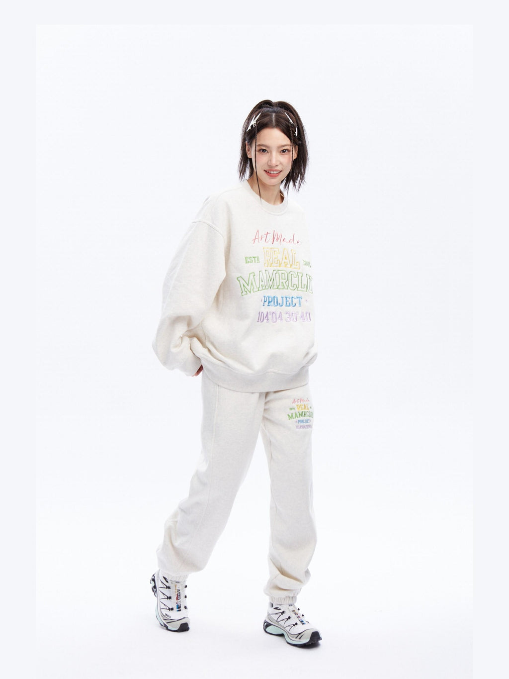 DeleteEx Embroidered Loose Fit Cotton Blend Crew Neck Women Grey Black Top & Pants Sets