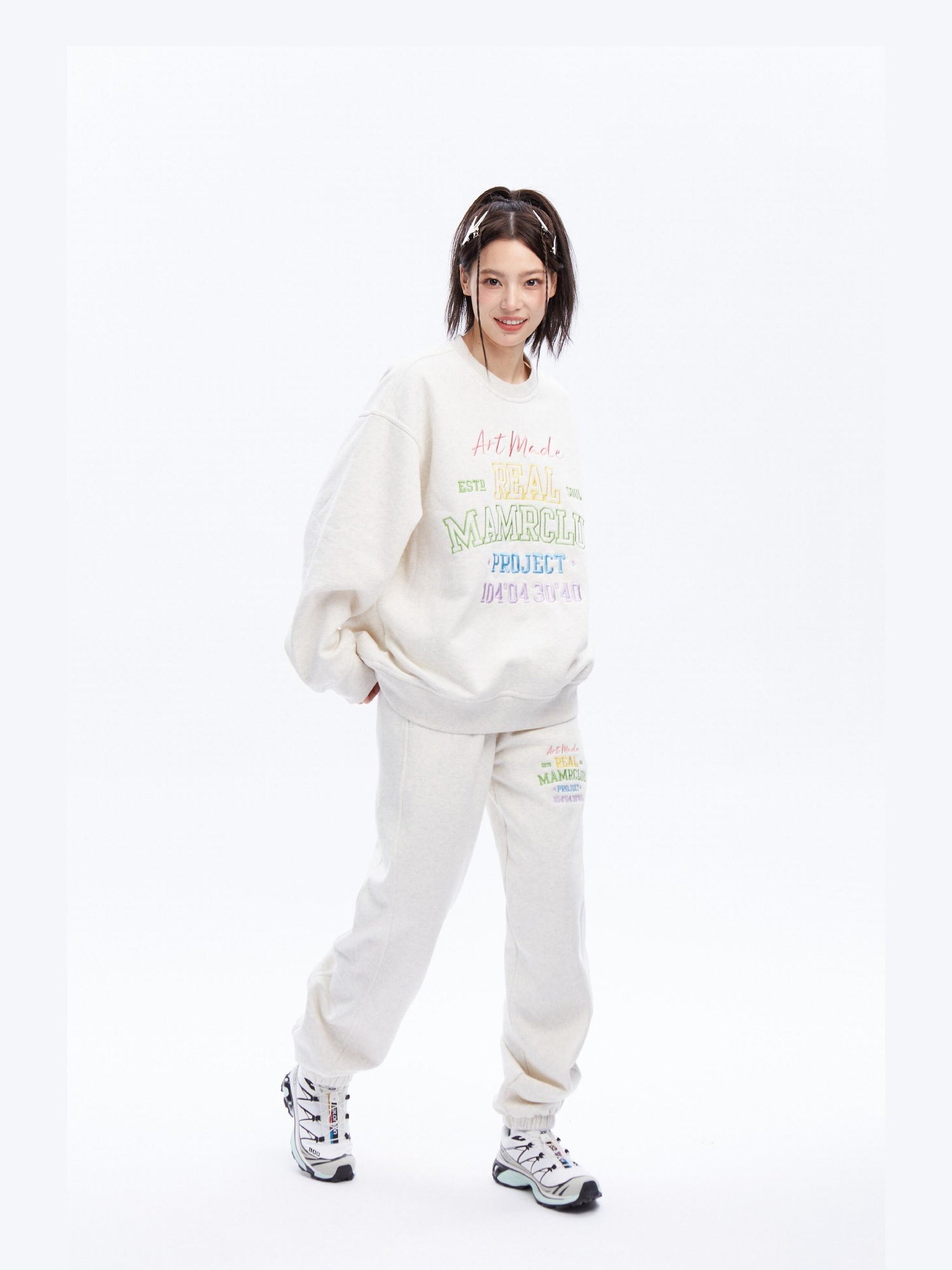 DeleteEx Embroidered Loose Fit Cotton Blend Crew Neck Women Grey Black Top & Pants Sets