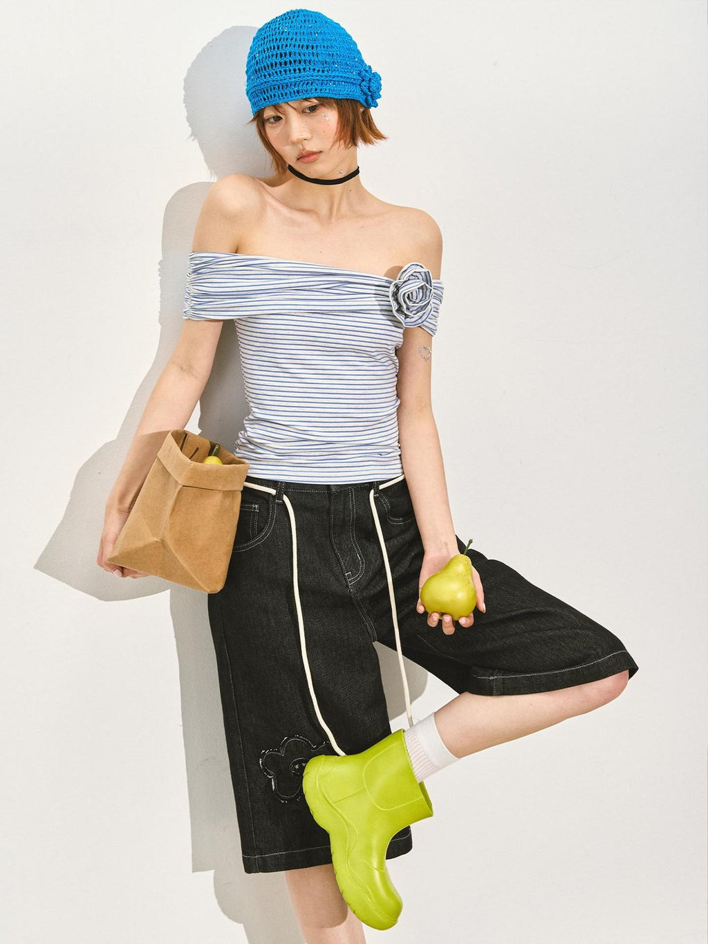 SOMESOWE Stretch Cotton Slim Cropped Bardot Blue White Striped Short Sleeve T-Shirts