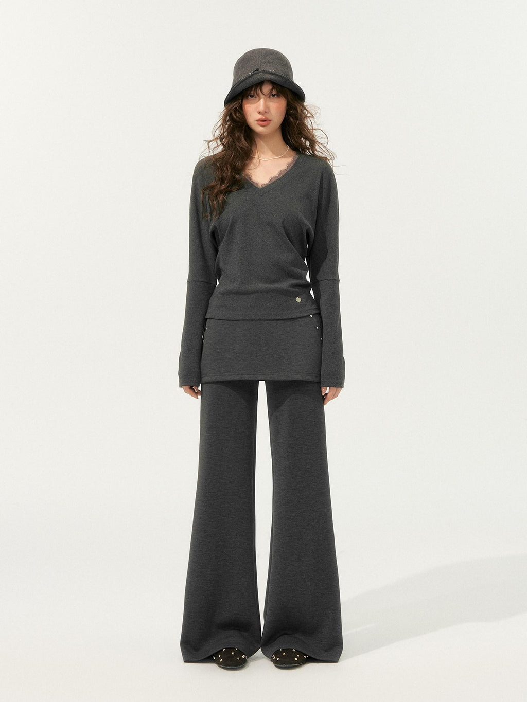 SOMESOWE Cozy Knit V-neck Cropped Batwing Top Loose Straight Pants Top & Pants Sets
