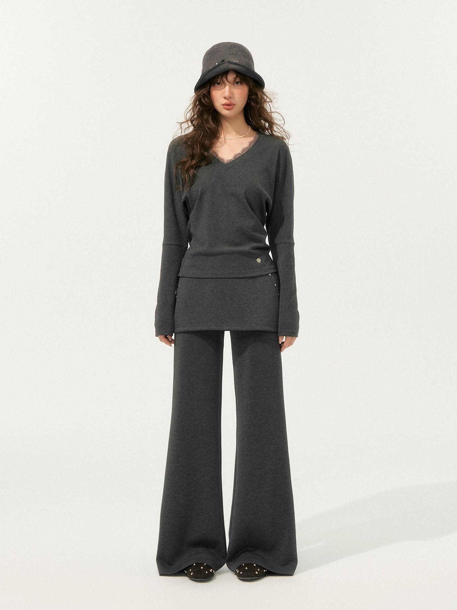 SOMESOWE Cozy Knit V-neck Cropped Batwing Top Loose Straight Pants Top & Pants Sets