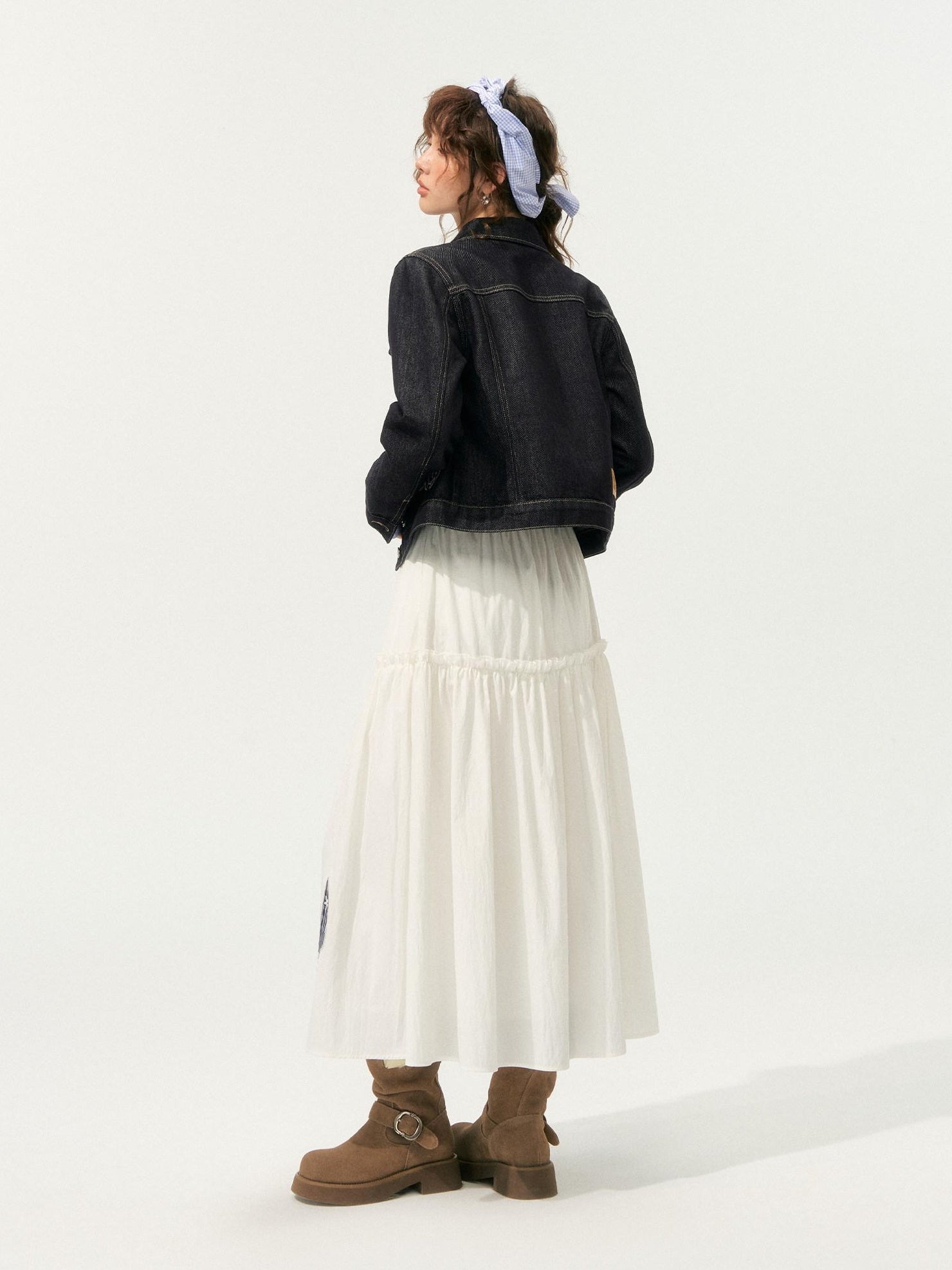 SOMESOWE High Waist French A Line Patch Detail Loose Fit Casual White Maxi Skirts