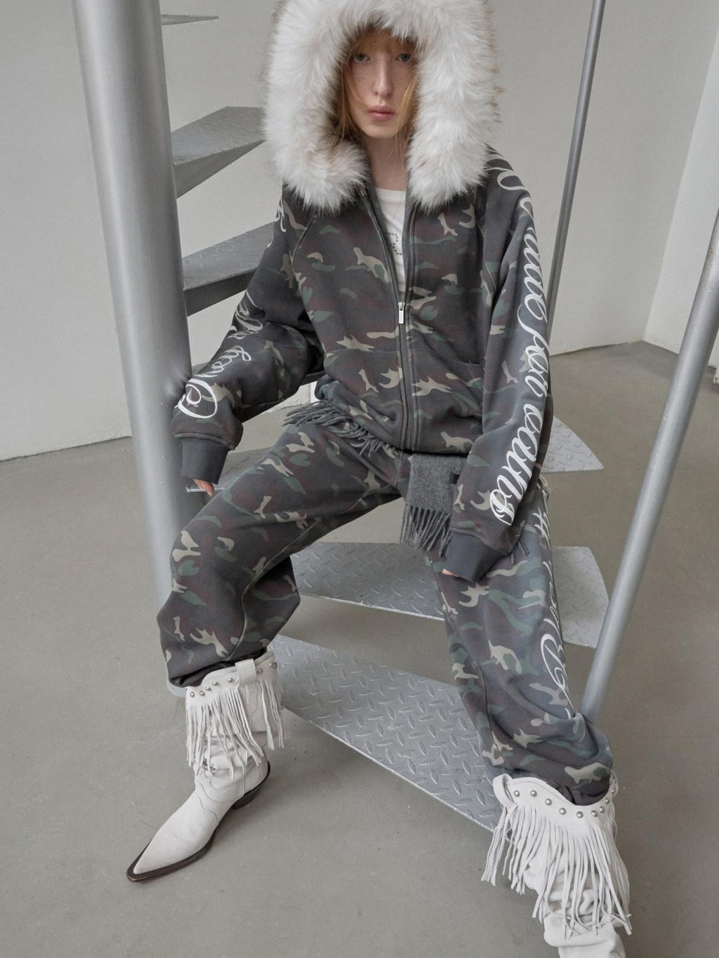 1JINN STUDIO Camouflage Embroidered Cotton Casual Long Sleeve Long Pants Top & Pants Sets