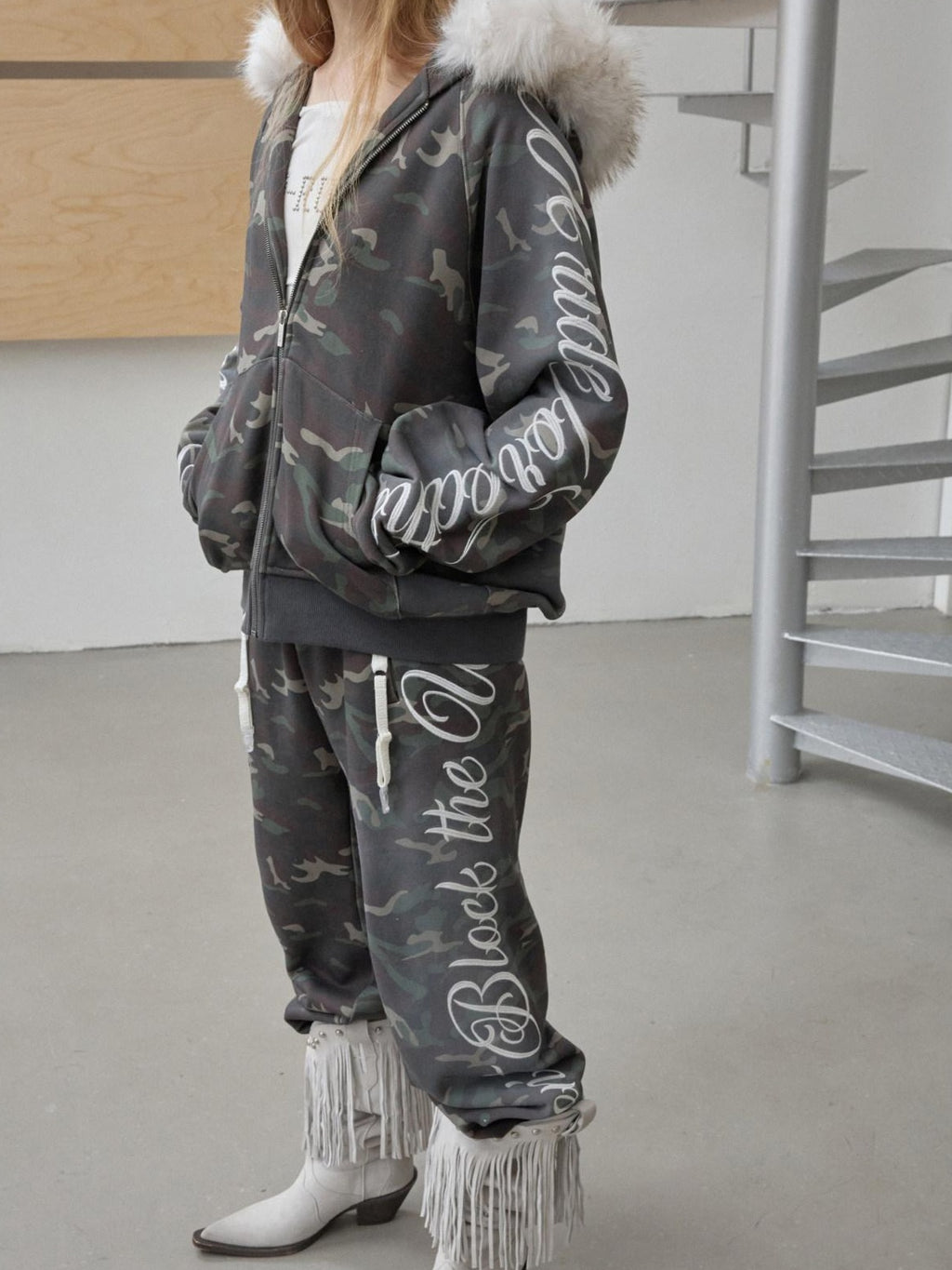 1JINN STUDIO Camouflage Embroidered Cotton Casual Long Sleeve Long Pants Top & Pants Sets