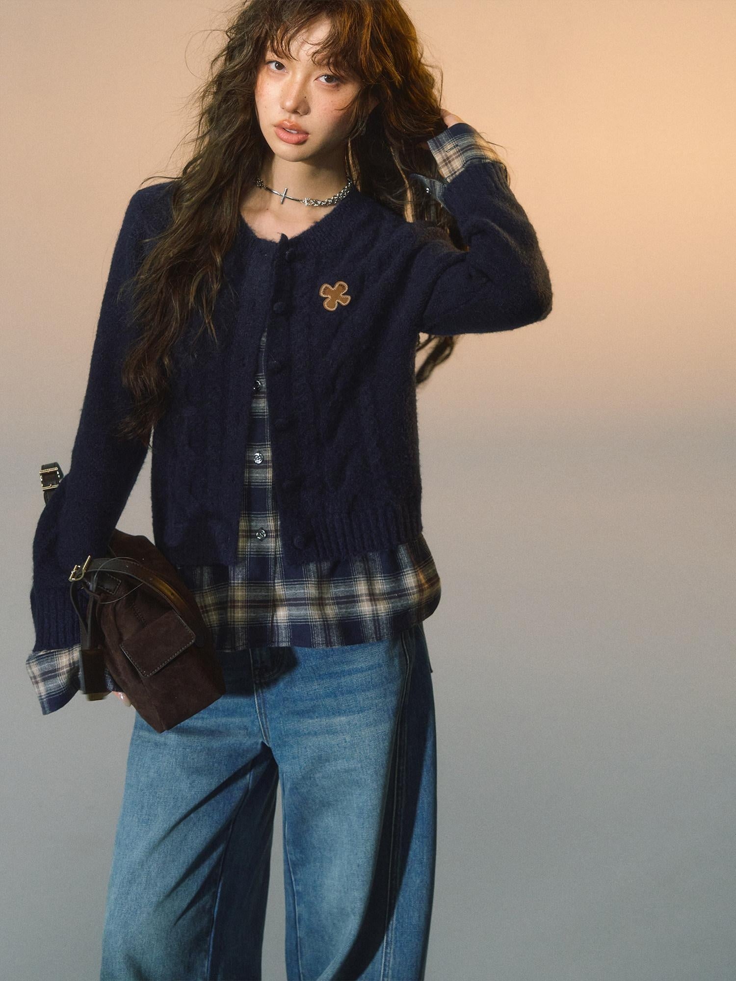 SOMESOWE Faux Two Piece Colorblock Button Round Neck Casual Women Cardigans