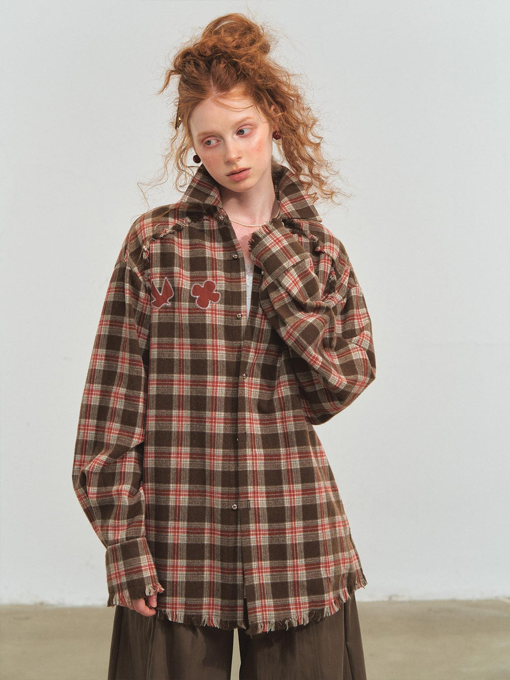 SOMESOWE Durable Fringe Plaid Loose Polo Collar Long Sleeve Women Wool Shirts