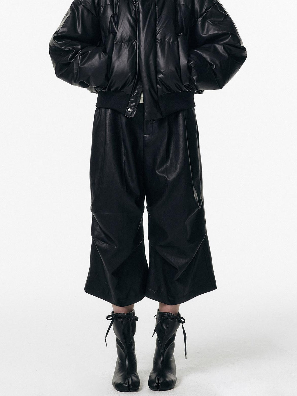 ALINNVSTUDIO Pu Pleated Low Waist Button Fly Irregular Fold Casual Women Black Wide Leg Pants