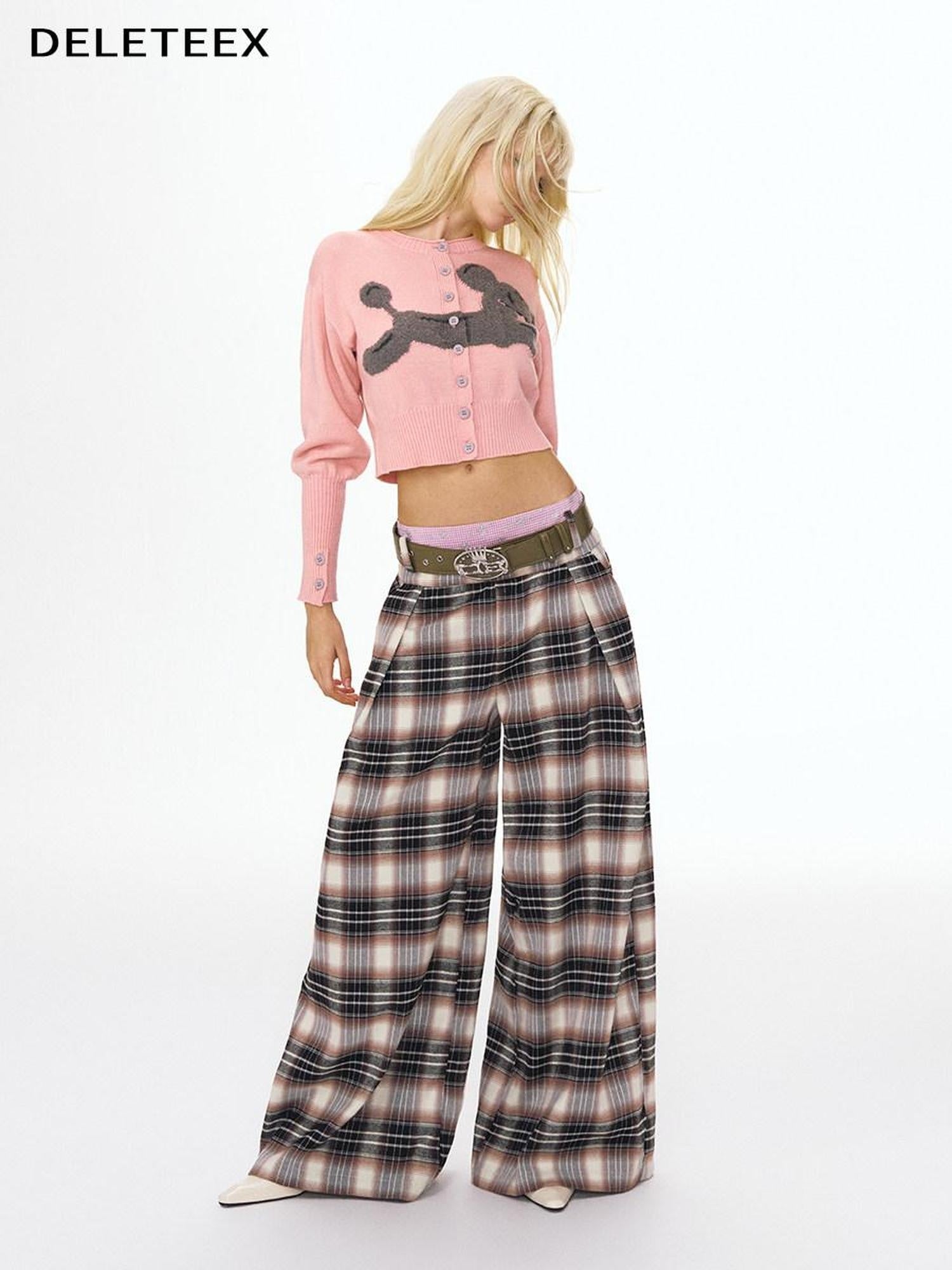 Double Waist Zipper Natural Waist Relaxed Plaid Polyester Stretch Wide Leg Pants