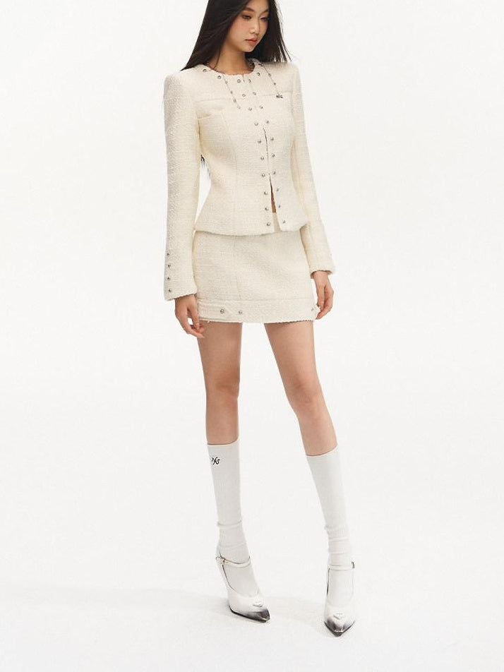 NAWSNOTAWEAR Wool Blend Two Piece Set Long Sleeve Round Neck Women Pearl White Mini Skirts