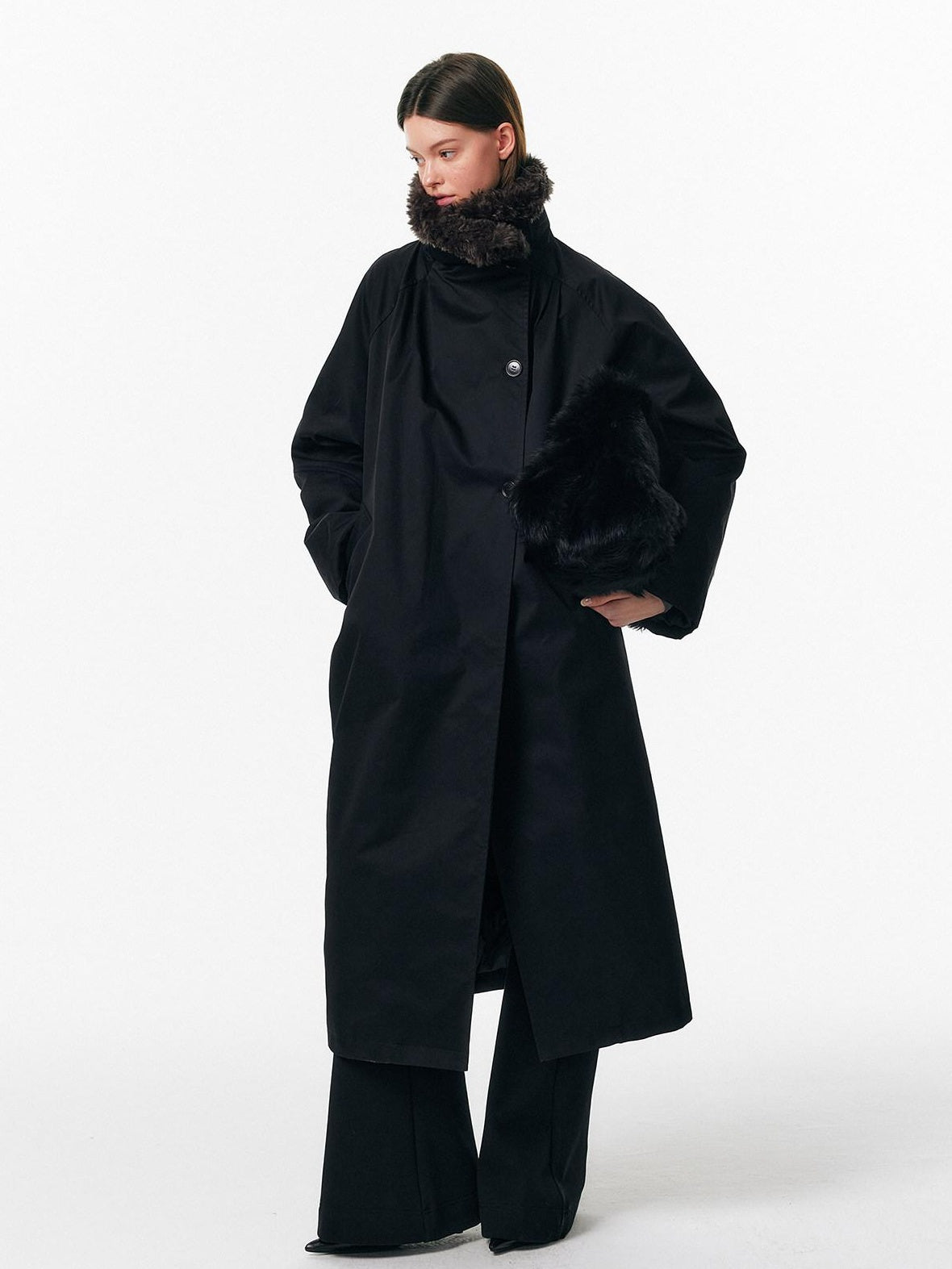ALINNVSTUDIO 90% White Duck Down Long Stand Collar Single Breasted Women Black Down Jackets