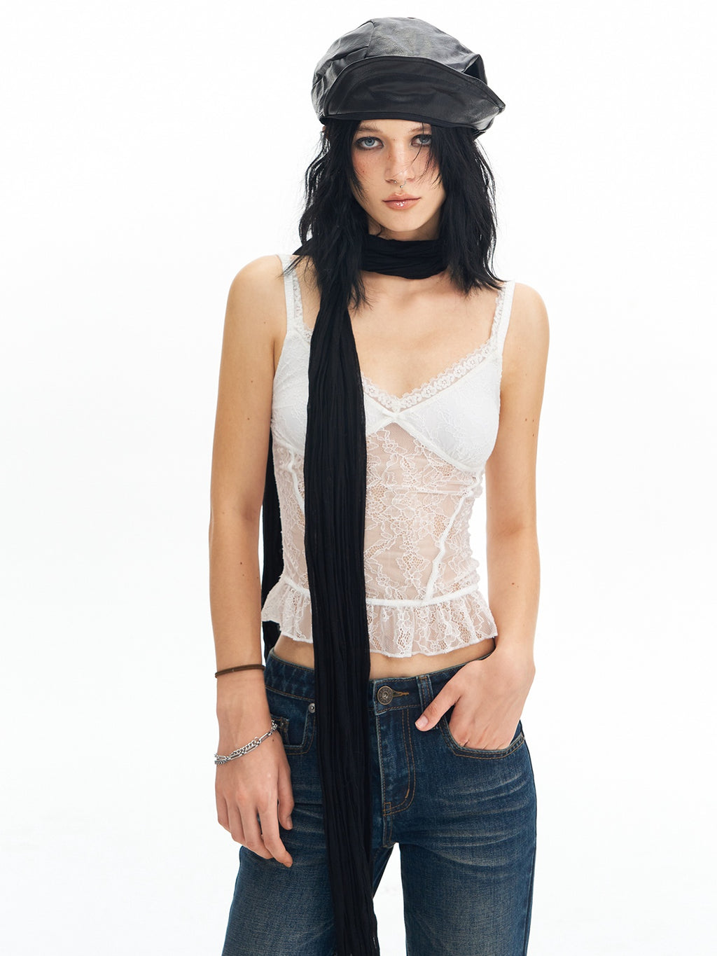 DeleteEx Padded Lace V-neck Slim Girly Layering Strap Women White Camisoles