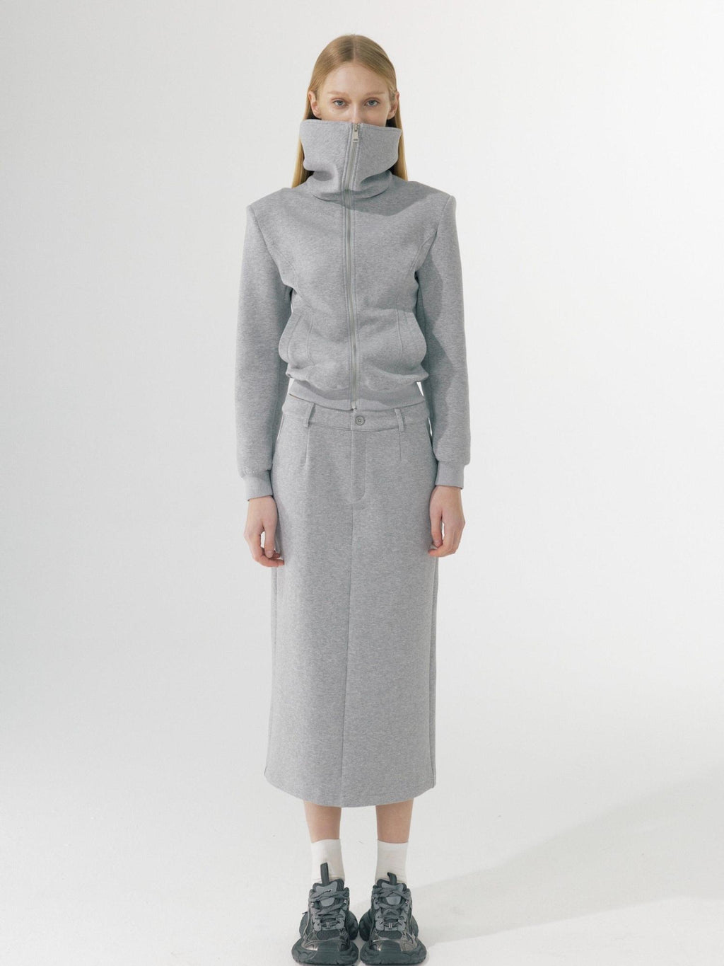 BUZHOU Zip Stand Collar Long Sleeve Stretch Cotton Commuter Grey Women Top & Skirt Sets
