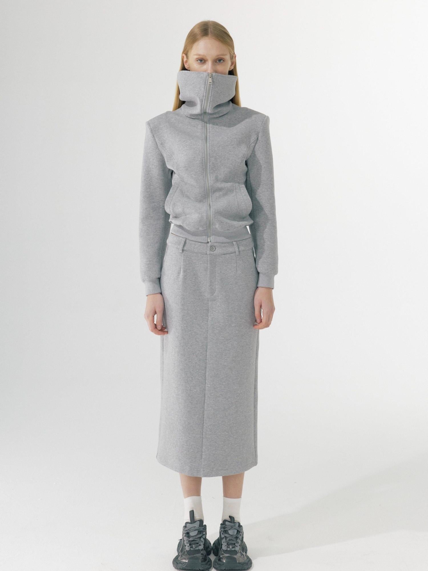 BUZHOU Zip Stand Collar Long Sleeve Stretch Cotton Commuter Grey Women Top & Skirt Sets