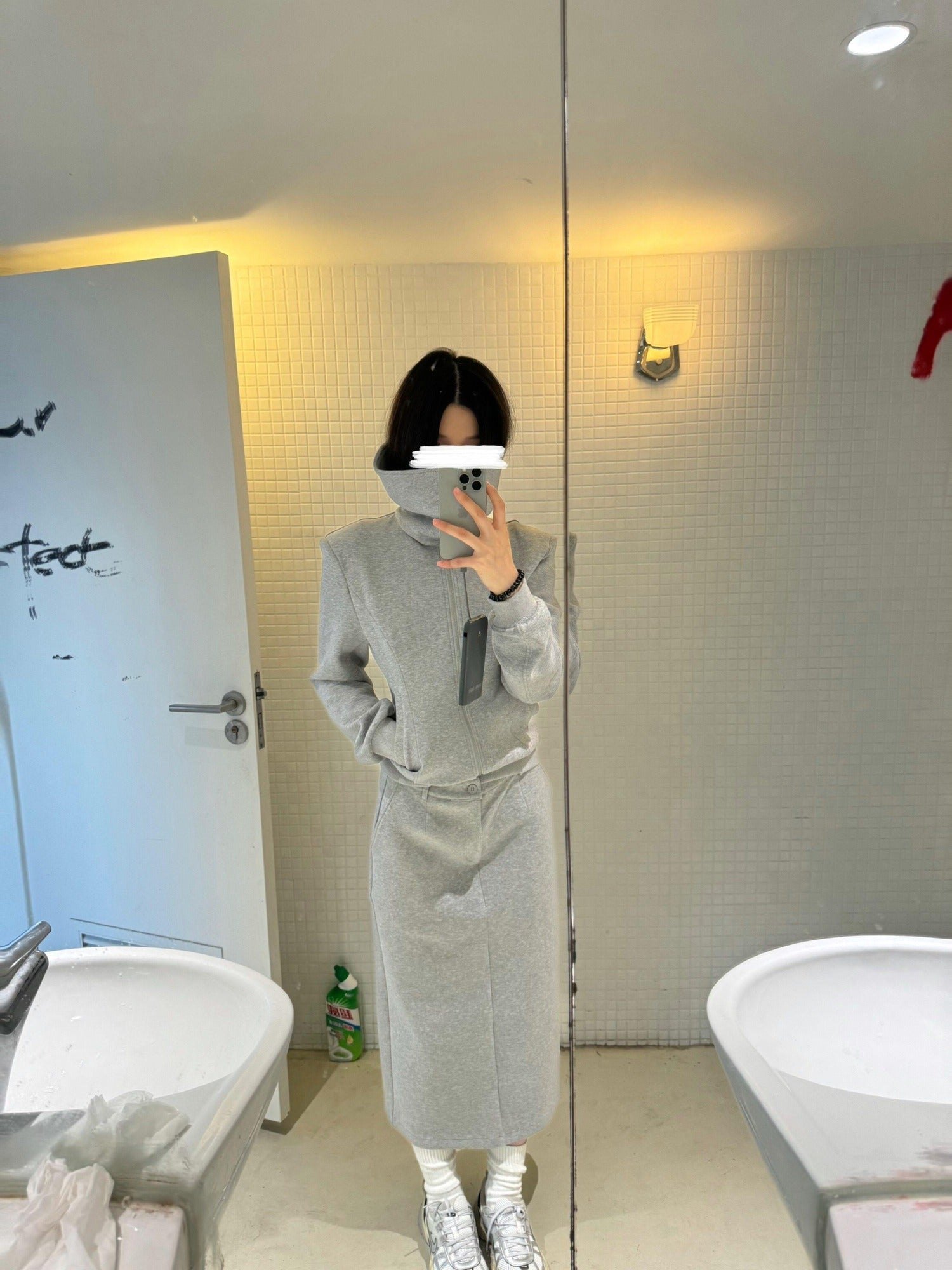 BUZHOU Zip Stand Collar Long Sleeve Stretch Cotton Commuter Grey Women Top & Skirt Sets