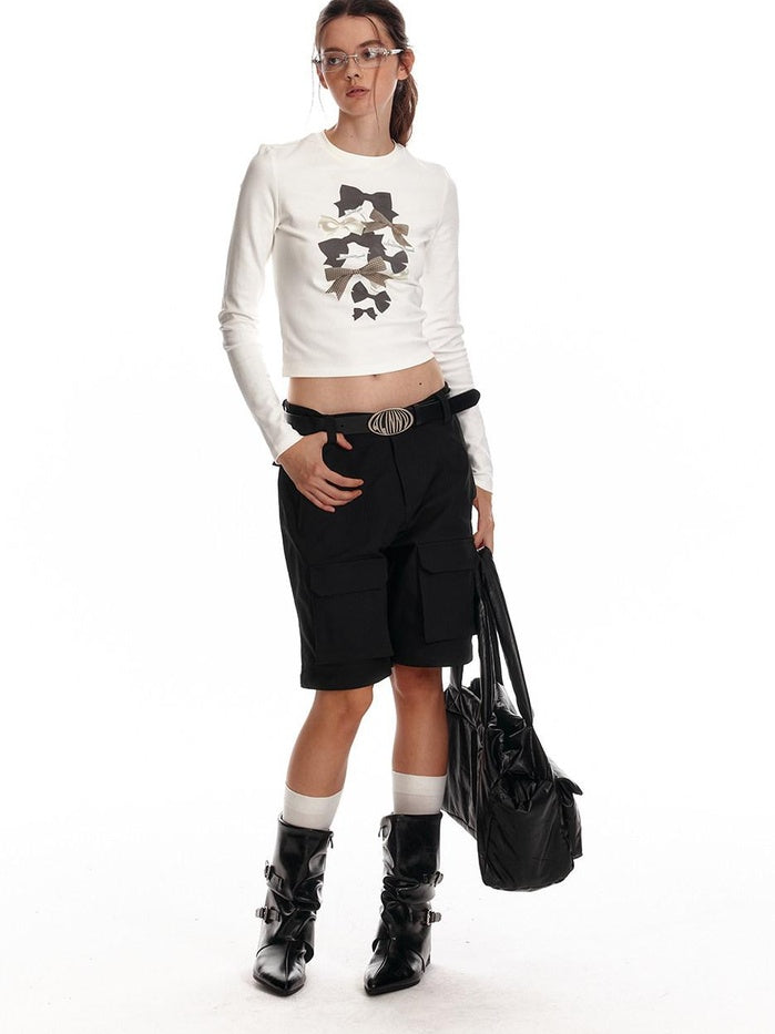 ALINNVSTUDIO Soft Cotton Printed Cropped Slim Fit Crew Neck Women Casual Long Sleeve T-Shirts