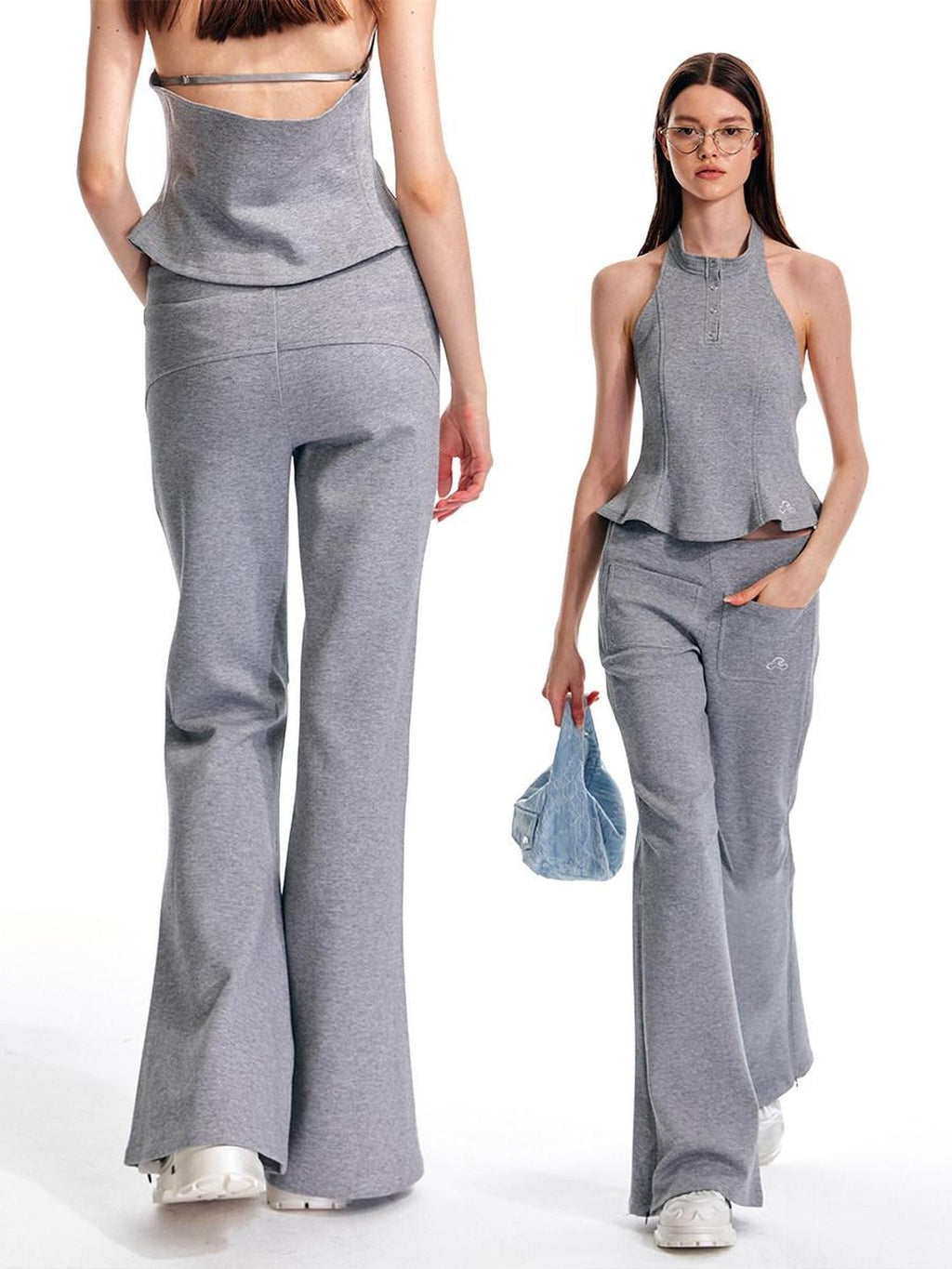 ALINNVSTUDIO Sleek Low Rise Straight To Flare Original Black Gray Flare Hem Flared Pants