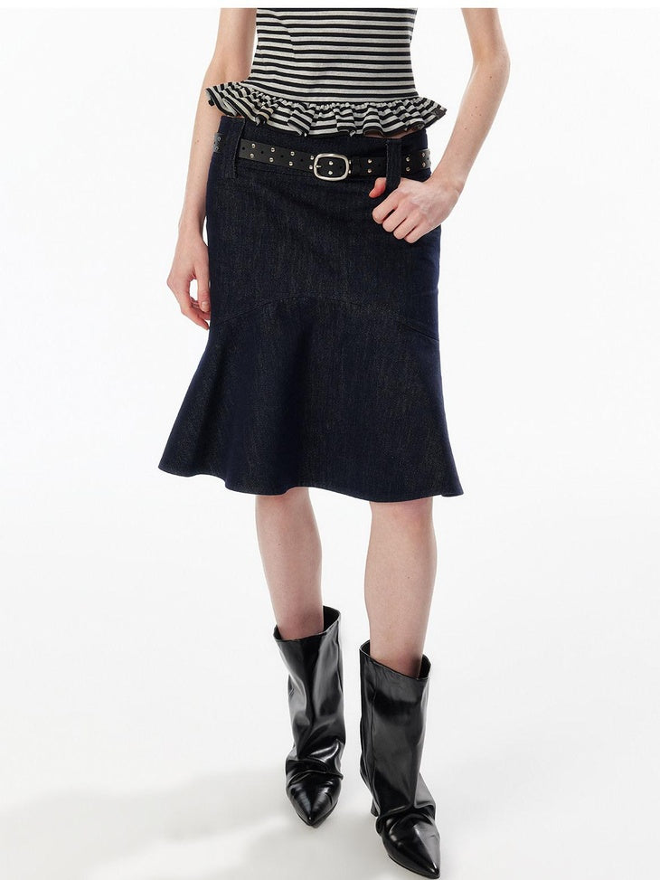 ALINNVSTUDIO Lined Wide Waistband Fishtail Mermaid Back Zipper Women Black Denim Midi Skirts