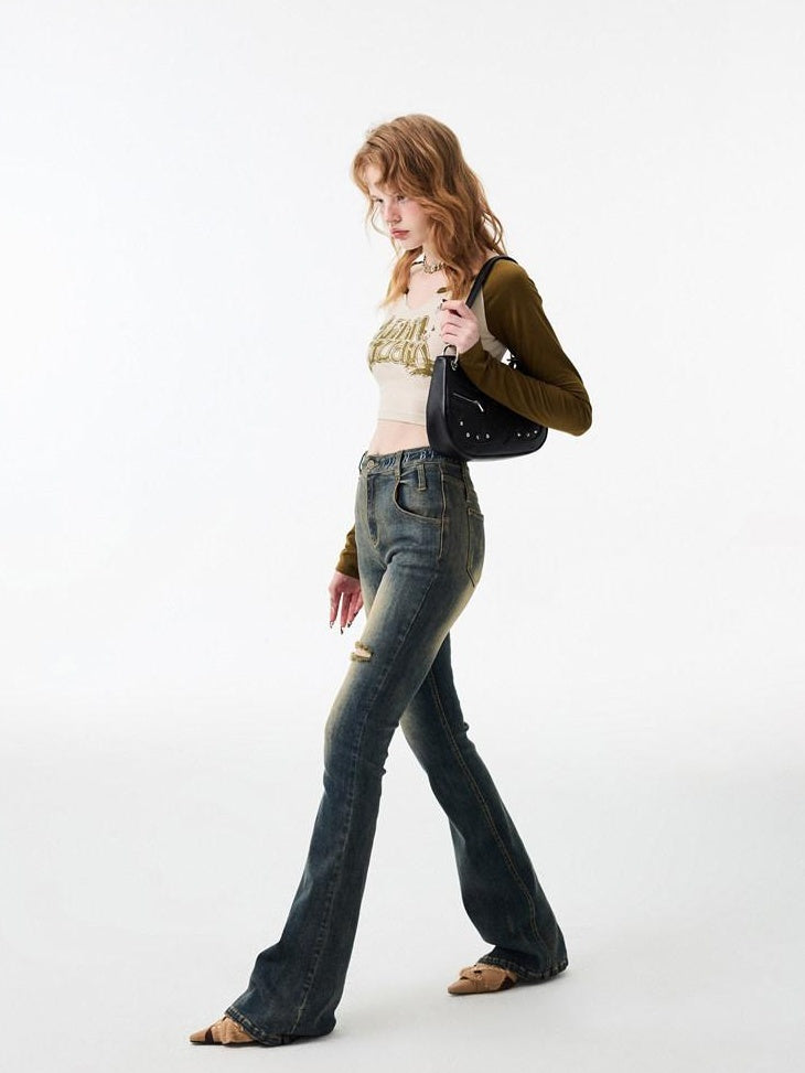 1JINN STUDIO Thick Micro Stretch Vintage Washed Slim Natural Waist Women Denim Flared Jeans