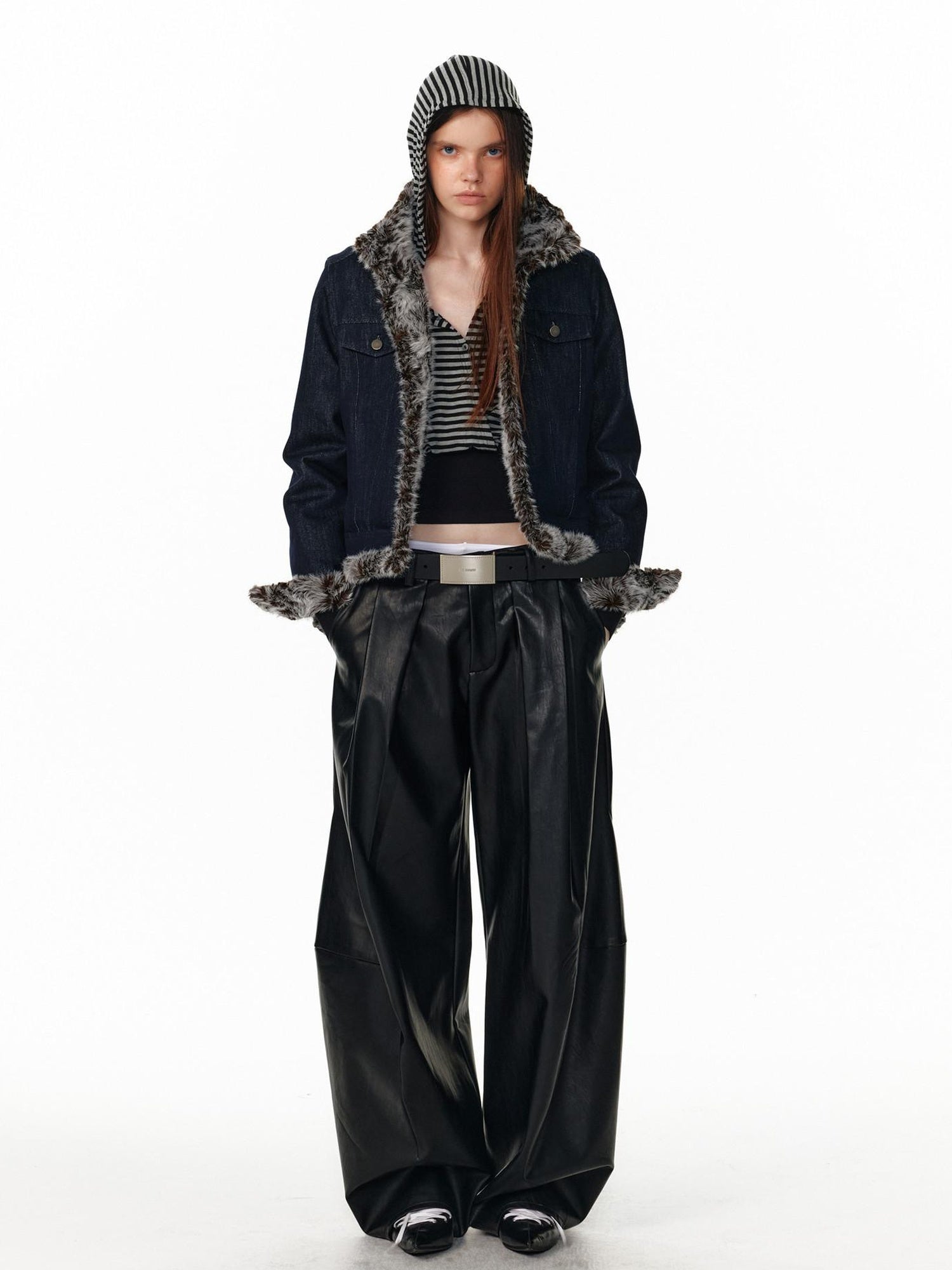 ALINNVSTUDIO Warm Reversible Retro Straight Short Zip Stand Collar Women Leather Jackets