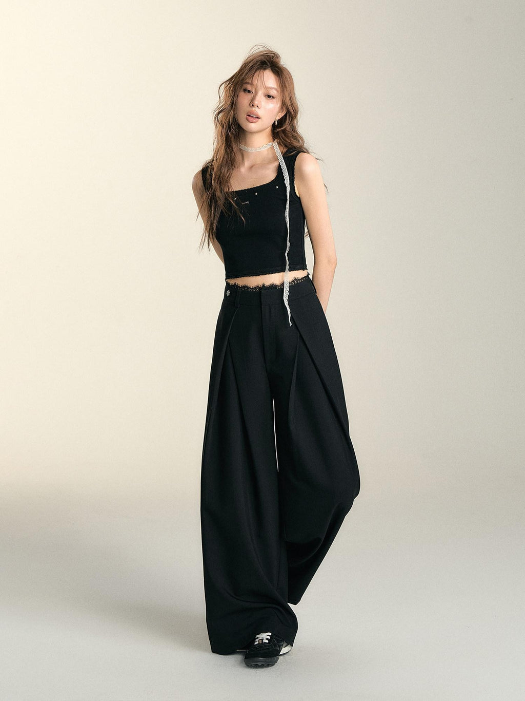 SOMESOWE Casual Lace Trim Patchwork Pocket Relaxed Natural Waist Women Wide Leg Pants