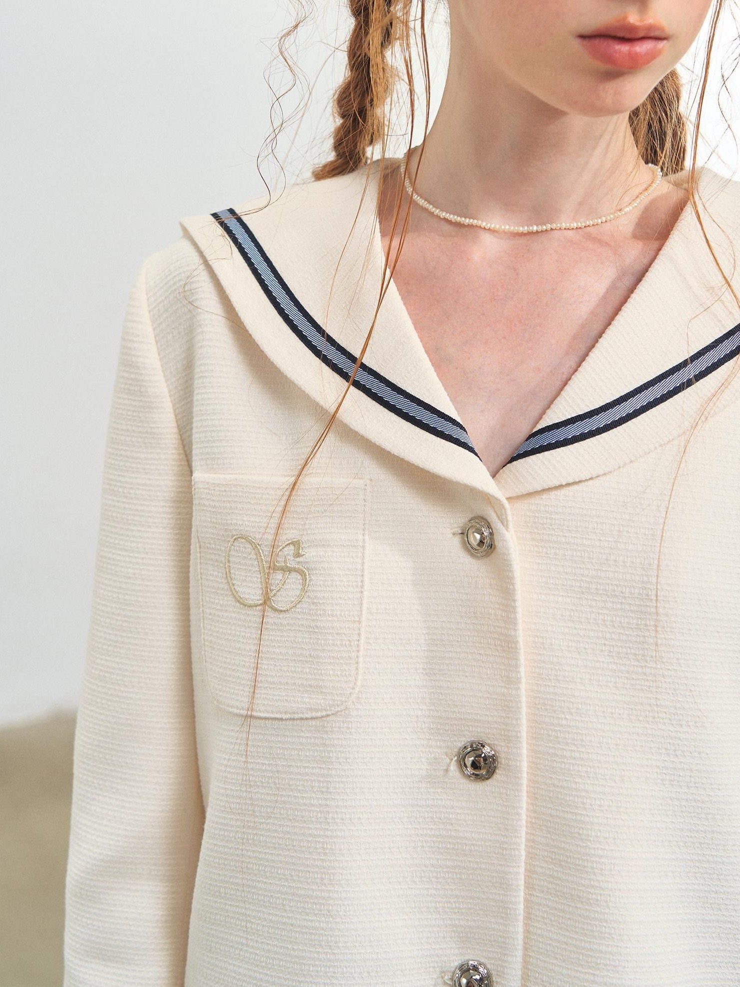 SOMESOWE Shape Retention Navy Inspired Tweed Relaxed Stand Collar Women White Short Coat