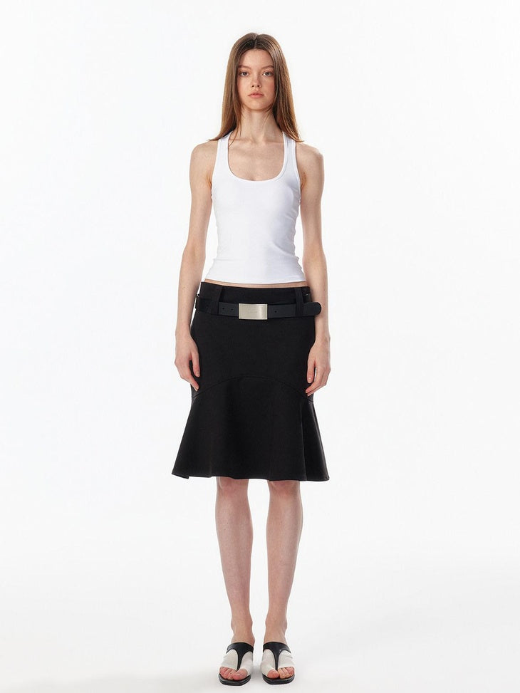 ALINNVSTUDIO Lined Wide Waistband Fishtail Mermaid Back Zipper Women Black Denim Midi Skirts