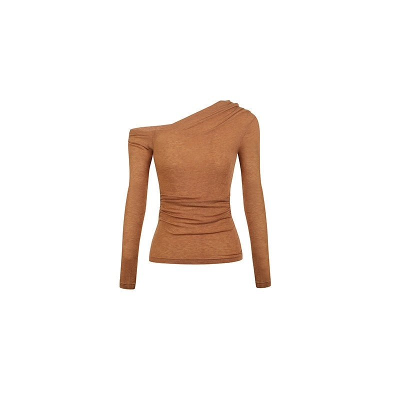 DeleteEx_Office_Chic_Fitted_Long_Sleeve_Asymmetric_Neckline_Off_Shoulder_Crop_Tops_MISSTT