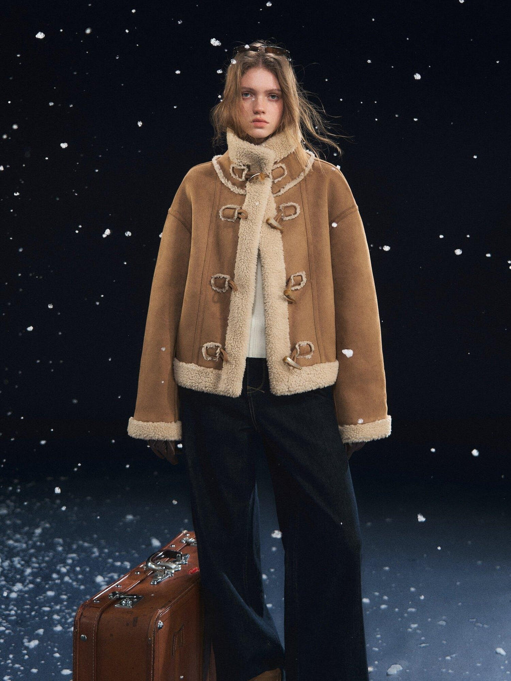 SOMESOWE Cozy Faux Sherpa Geometric Oversized Stand Collar Womens Brown Zipper Short Coat