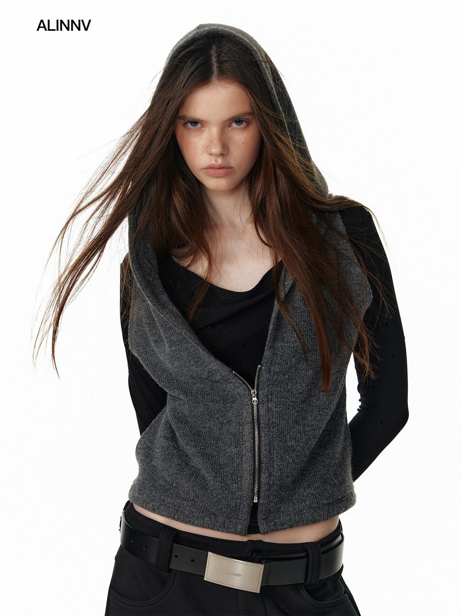 ALINNVSTUDIO Vintage Faux Layered Hooded Zip Knit Short Length Women Black Gray Cardigans