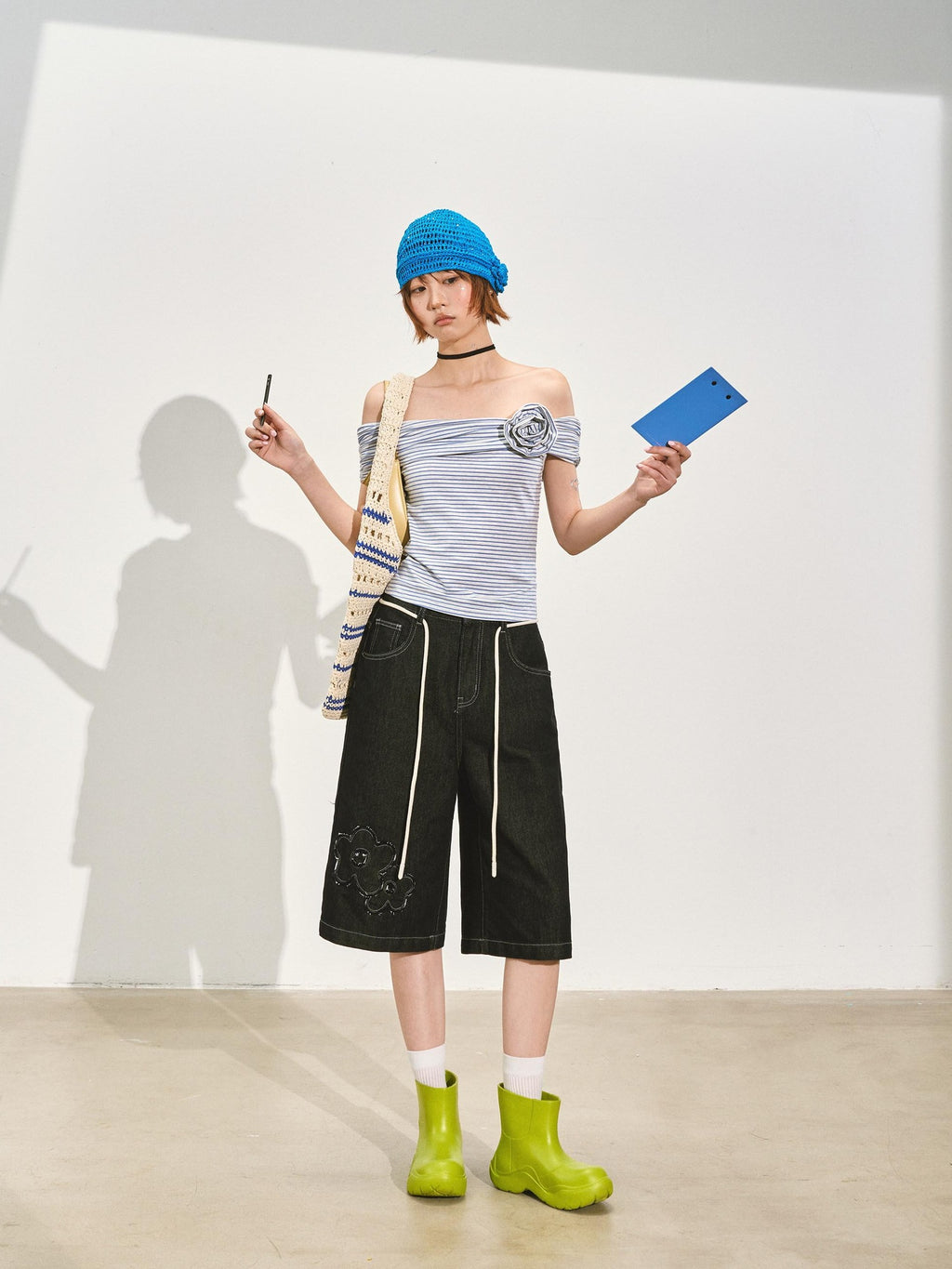 SOMESOWE Stretch Cotton Slim Cropped Bardot Blue White Striped Short Sleeve T-Shirts