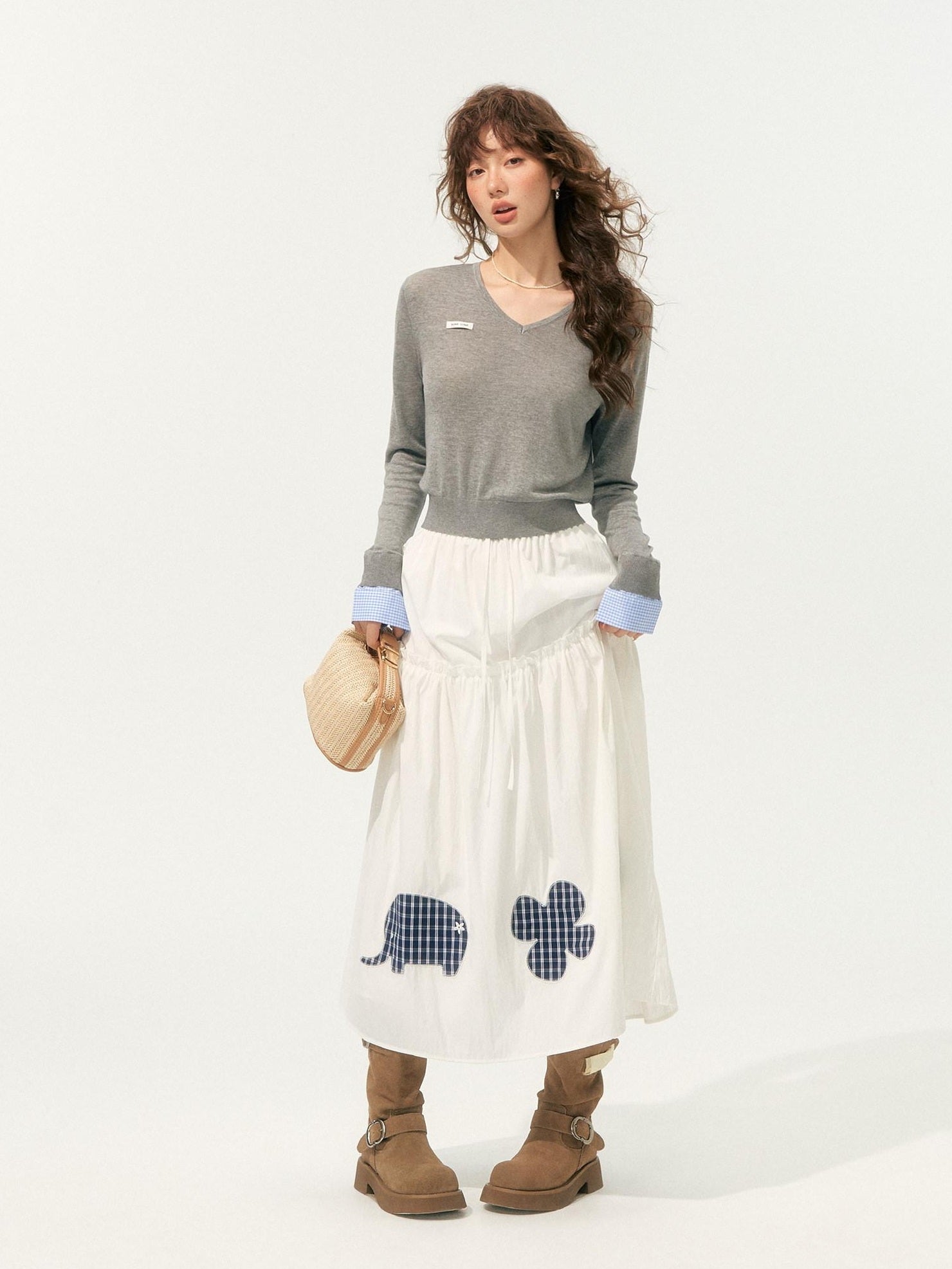 SOMESOWE High Waist French A Line Patch Detail Loose Fit Casual White Maxi Skirts