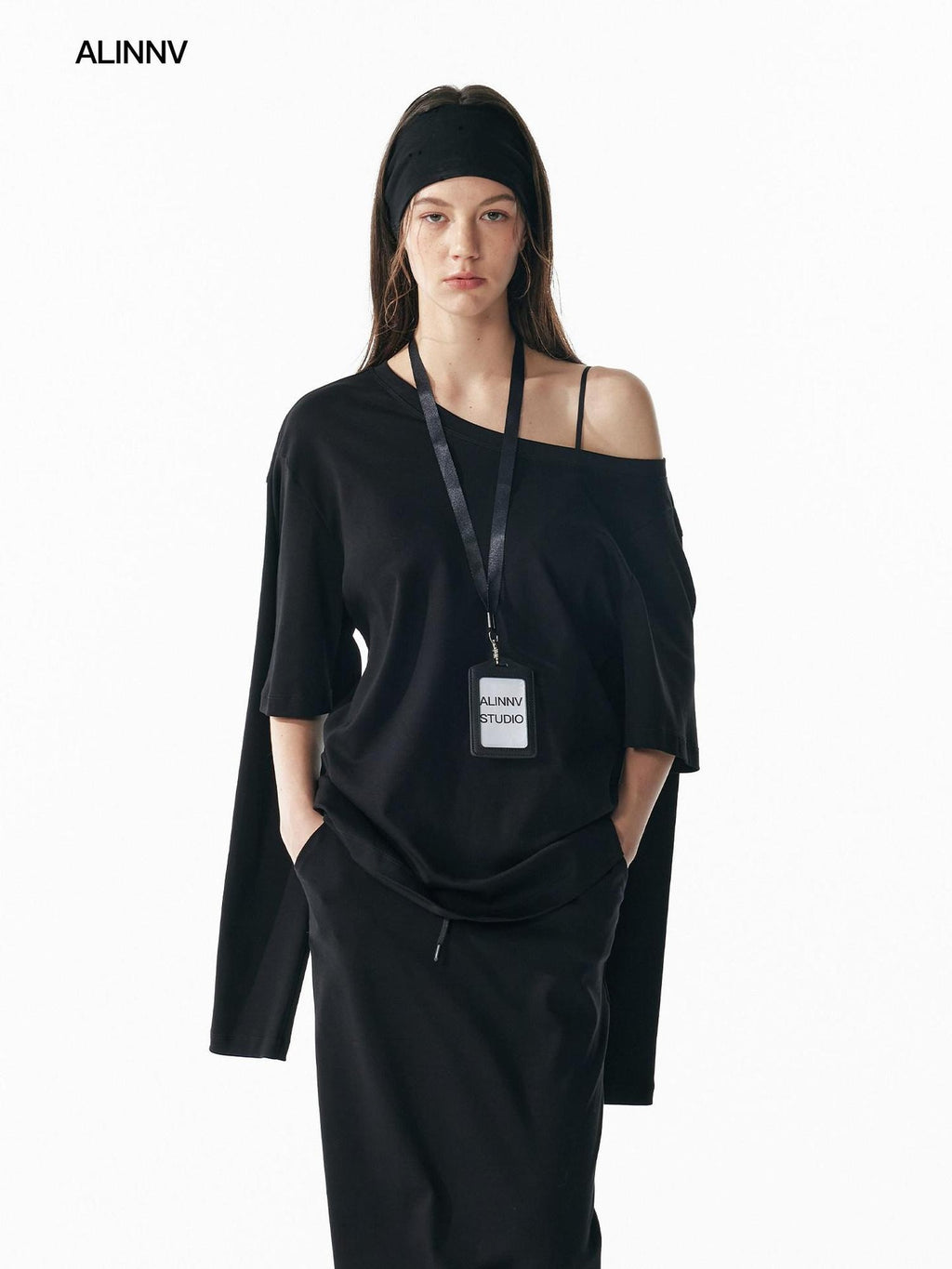ALINNVSTUDIO Vintage Asymmetric Off Shoulder Loose Cotton Women Black Top & Skirt Sets